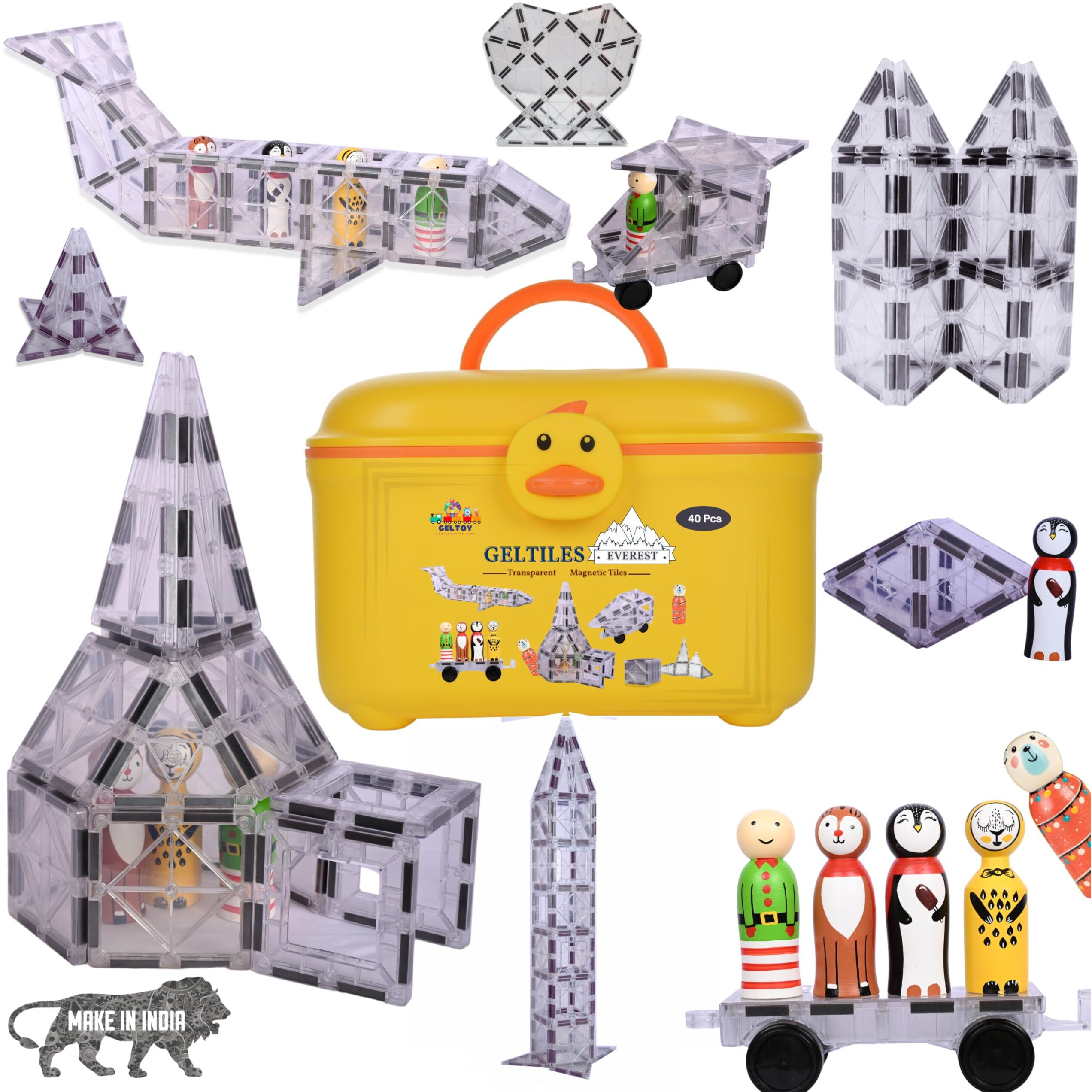 Geltiles Kid Magnetictiles Transparent Tiles Everest 45 Pcs Set Includes 5 Colourful Dolls & Storage Box Educational Stem Learning Toy Return Gifts For Boys & Girls For Building Construction Blocks