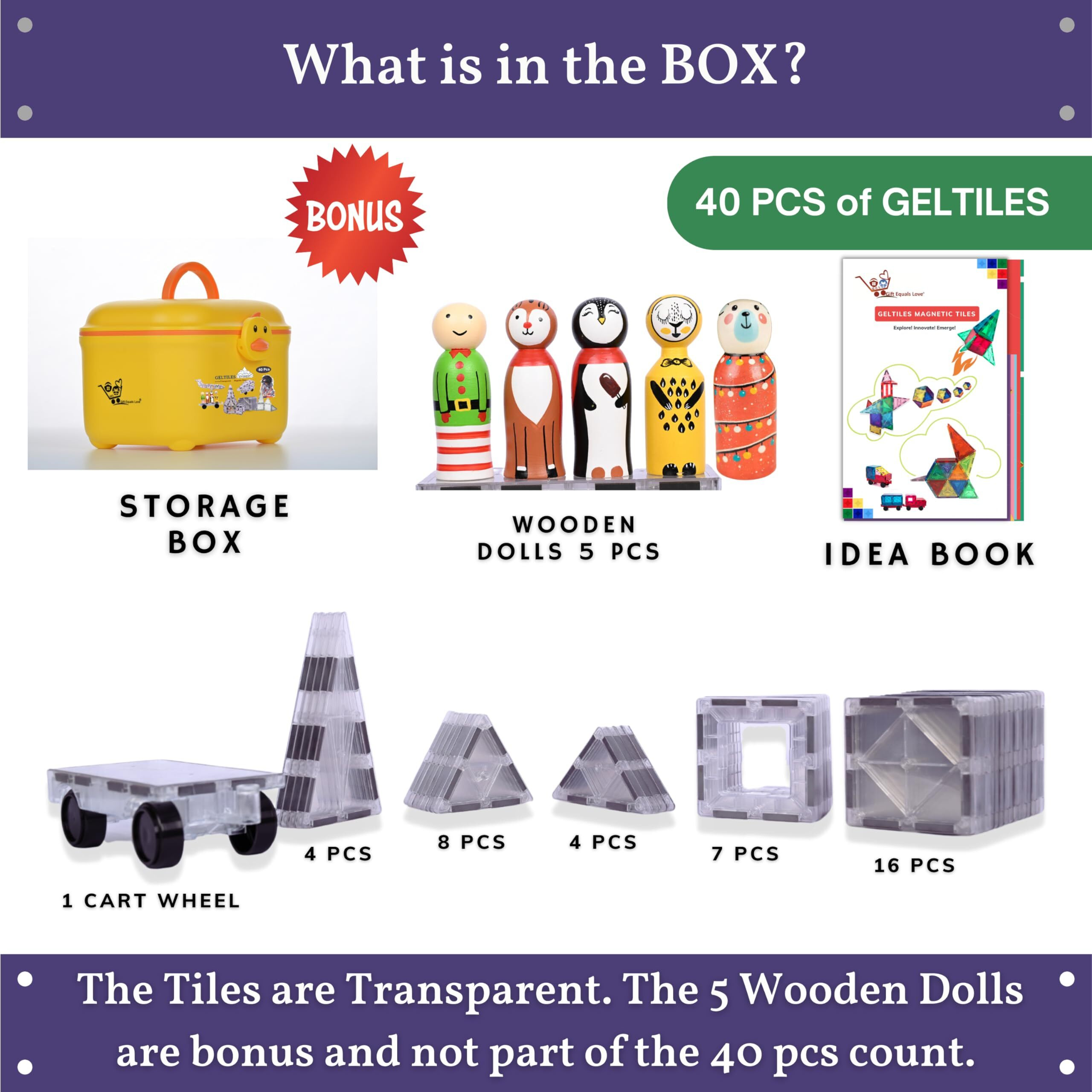 Geltiles Kid Magnetictiles Transparent Tiles Everest 45 Pcs Set Includes 5 Colourful Dolls & Storage Box Educational Stem Learning Toy Return Gifts For Boys & Girls For Building Construction Blocks