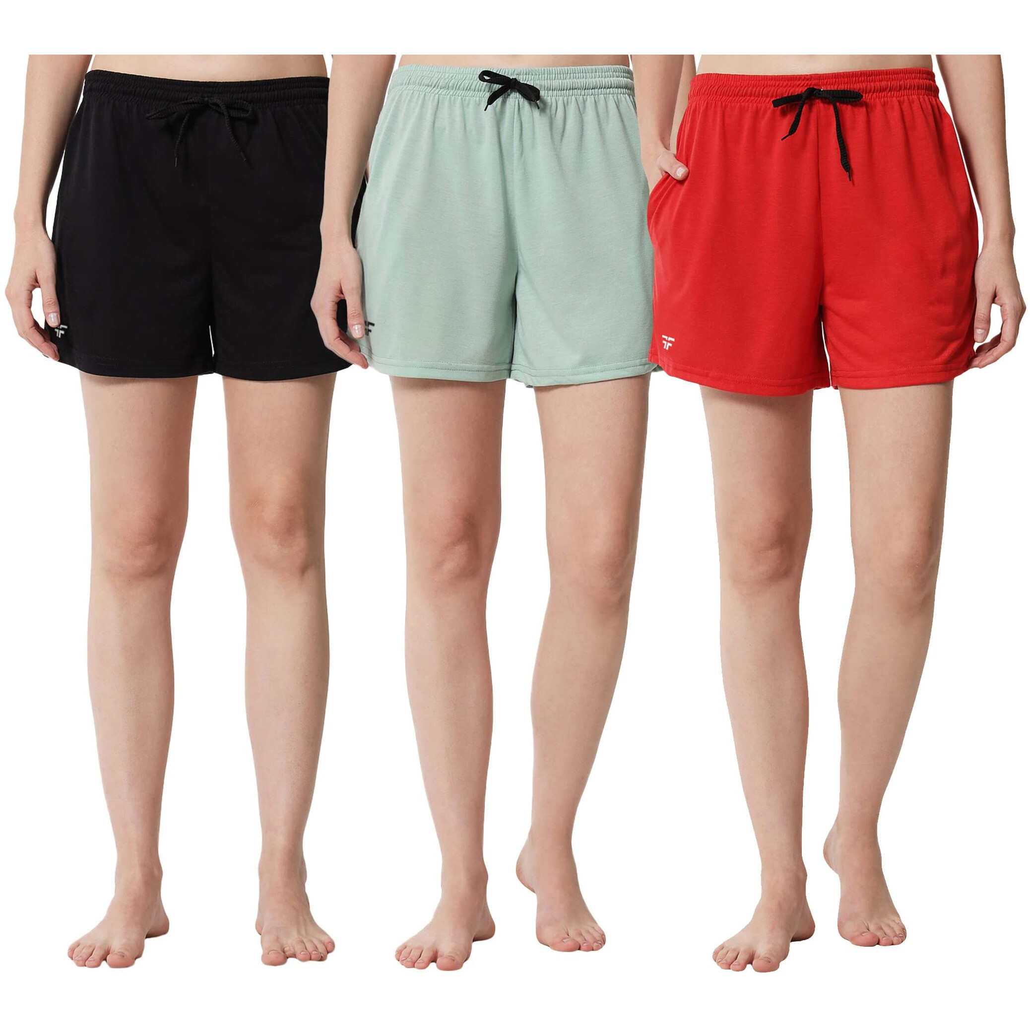 Fflirtygo Women's Shorts | Shorts For Women Short Pant For Women | Black, Pista Green & Red Shorts | Women Shorts Night Wear | Sports Shorts For Woman Combo (Pack Of 3)