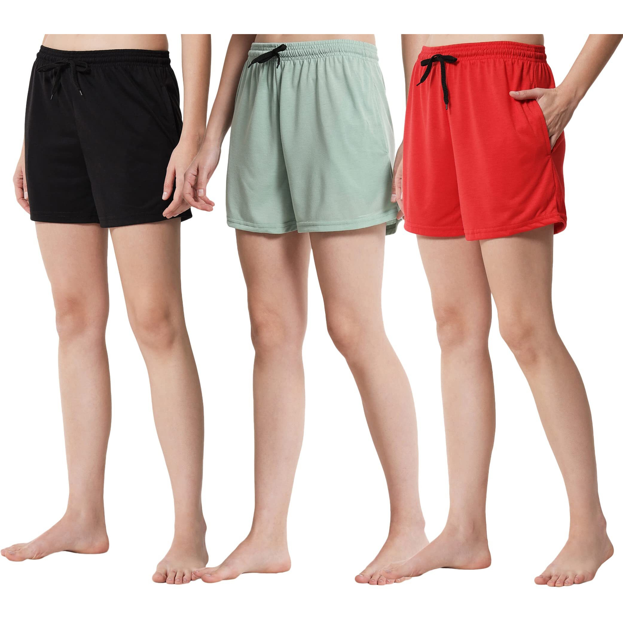 Fflirtygo Women's Shorts | Shorts For Women Short Pant For Women | Black, Pista Green & Red Shorts | Women Shorts Night Wear | Sports Shorts For Woman Combo (Pack Of 3)