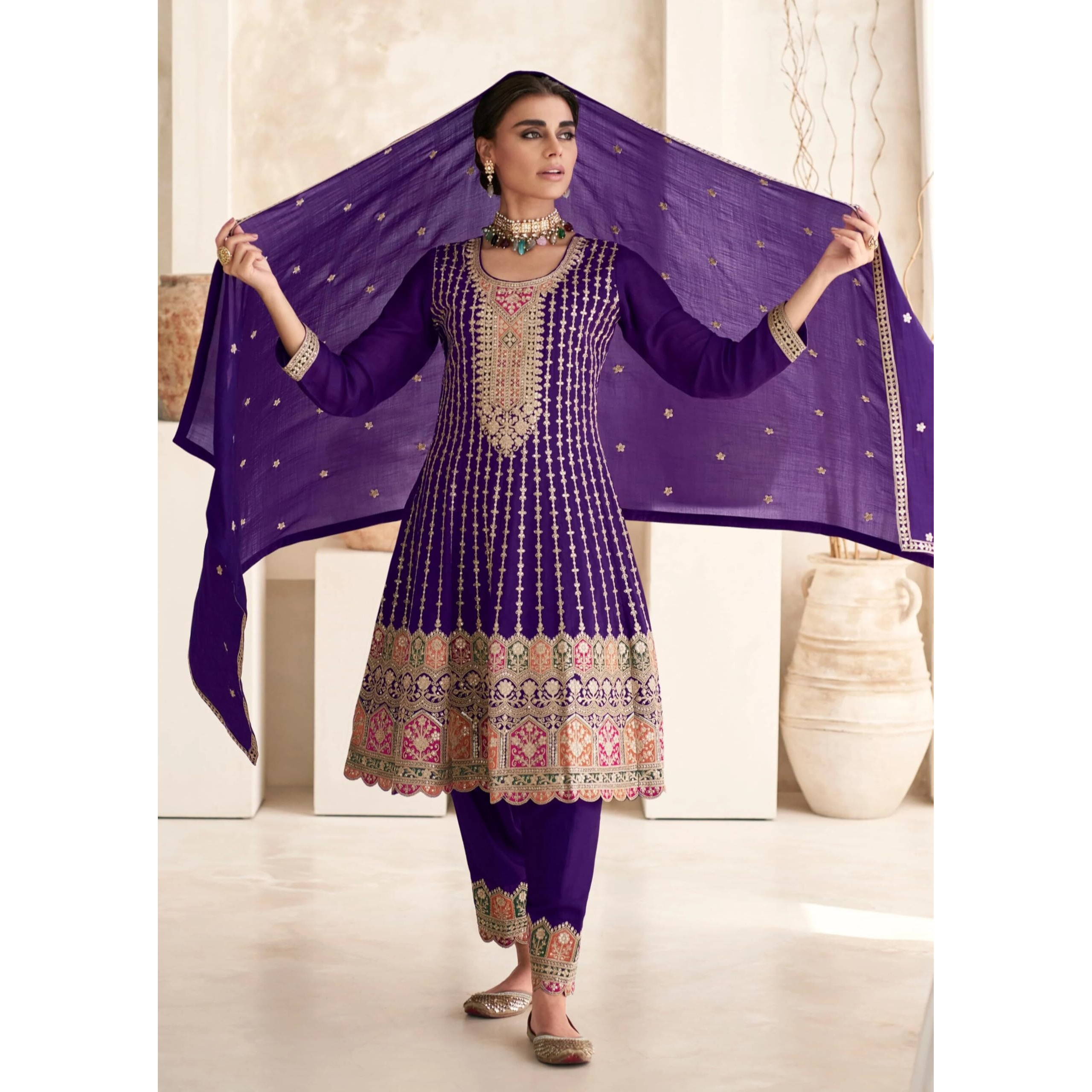 Miss Ethnik Women's Purple Color Chinon Readymade Embroidered Designer Kurta Patiyala Palazzo Set With Embroidered Dupatta (Me-1139-Purple-4Xl)