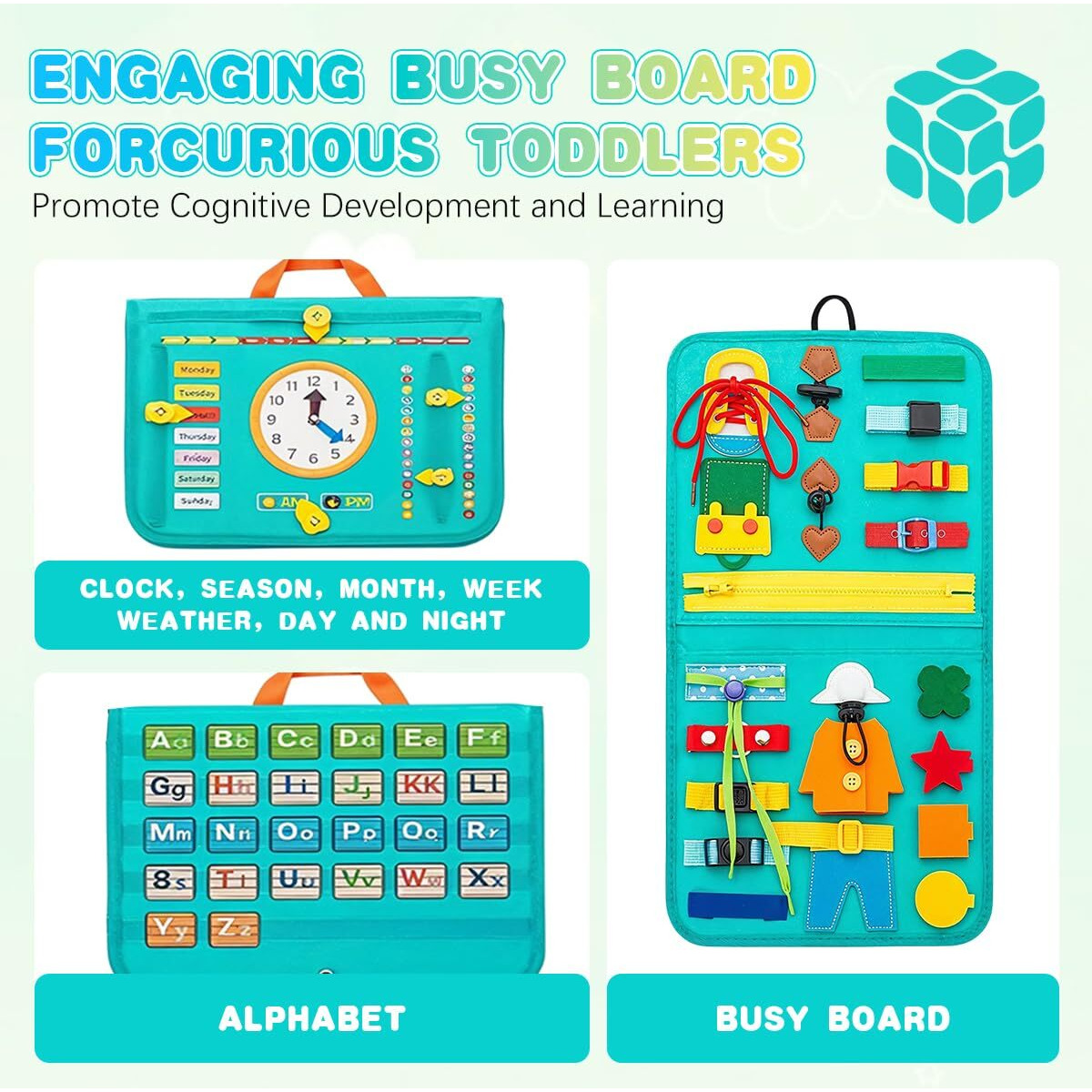 Snowie Soft Busy Board For Toddlers, Montessori Toys For 1 2 3 4 Years Old, Busy Book Sensory Toys For Comprehensive Preschool Educational Toys Learning With Time And 26 Letters Of The Alphabet