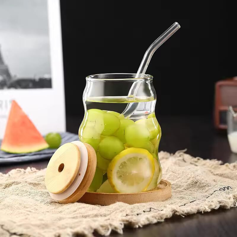 Kikiluxxa Green Tea And Coffee Cup Mug Can Sipper With Lid And Straw-510Ml-Pack Of 2- Glass Milk Fruitjuice Glass Tumbler With Straw - Random Pattren (Zubelin Lcan 2)