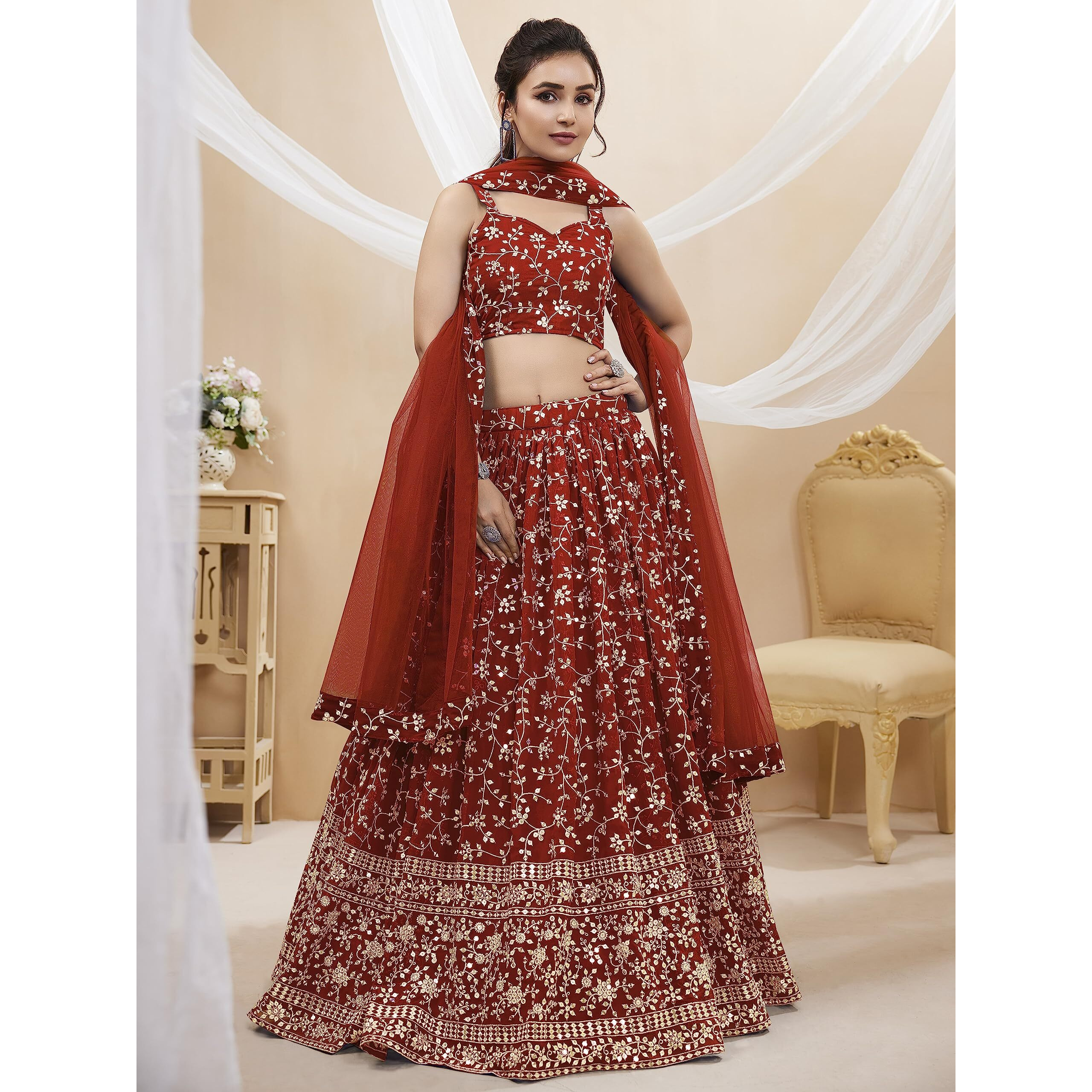 Zeel Clothing Women's Sequins Zari Embroidered Georgette Semi-Stitched Lehenga Choli With Dupatta (404-Red-Wedding-Bridal-Latest-New Free Size) (Red)
