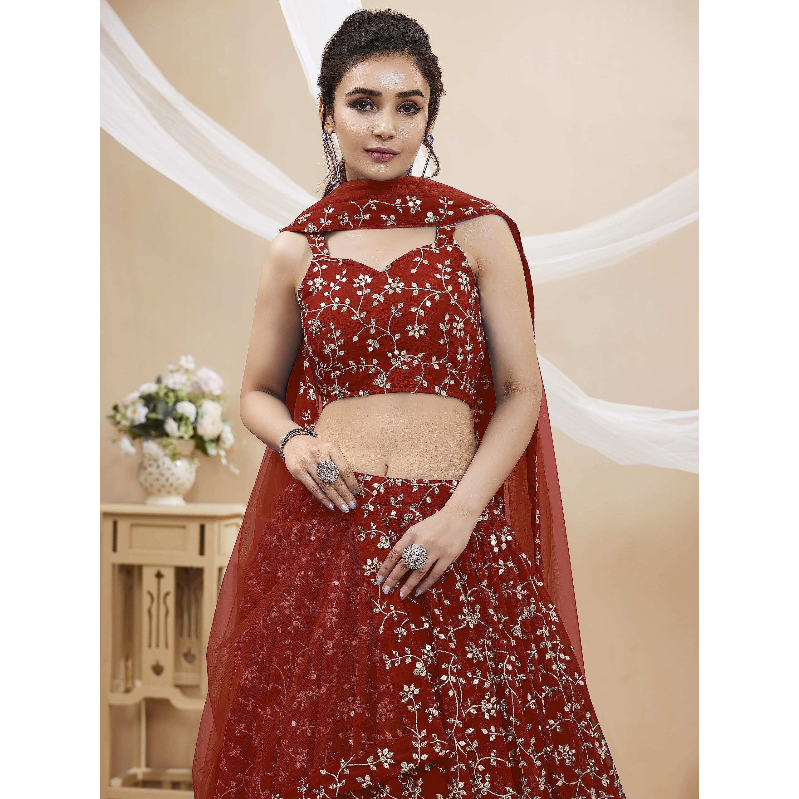 Zeel Clothing Women's Sequins Zari Embroidered Georgette Semi-Stitched Lehenga Choli With Dupatta (404-Red-Wedding-Bridal-Latest-New Free Size) (Red)