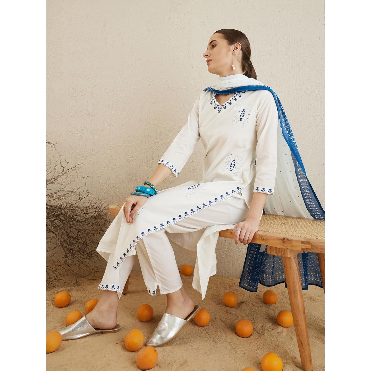 Indo Era Women's Embroidered Pure Cotton Calf Length Straight Kurta & Pant With Dupatta Suit Set (Kh0Wh6159_X-Small) Off White
