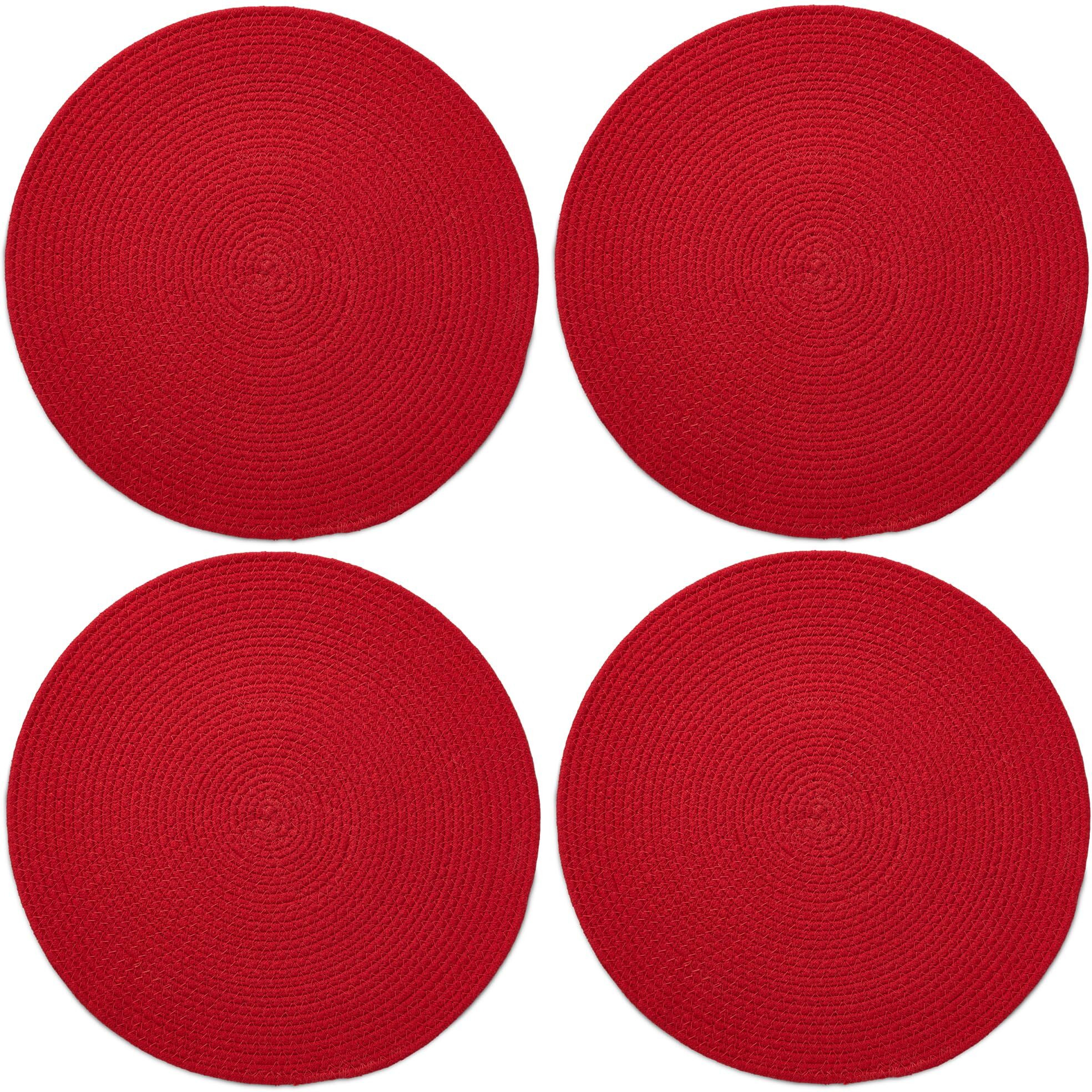 Encasa Xo Dining Table Mats Set Of 4 | Cotton Round Placemat - 33 Cm Diameter | Red | Handmade Rib Style