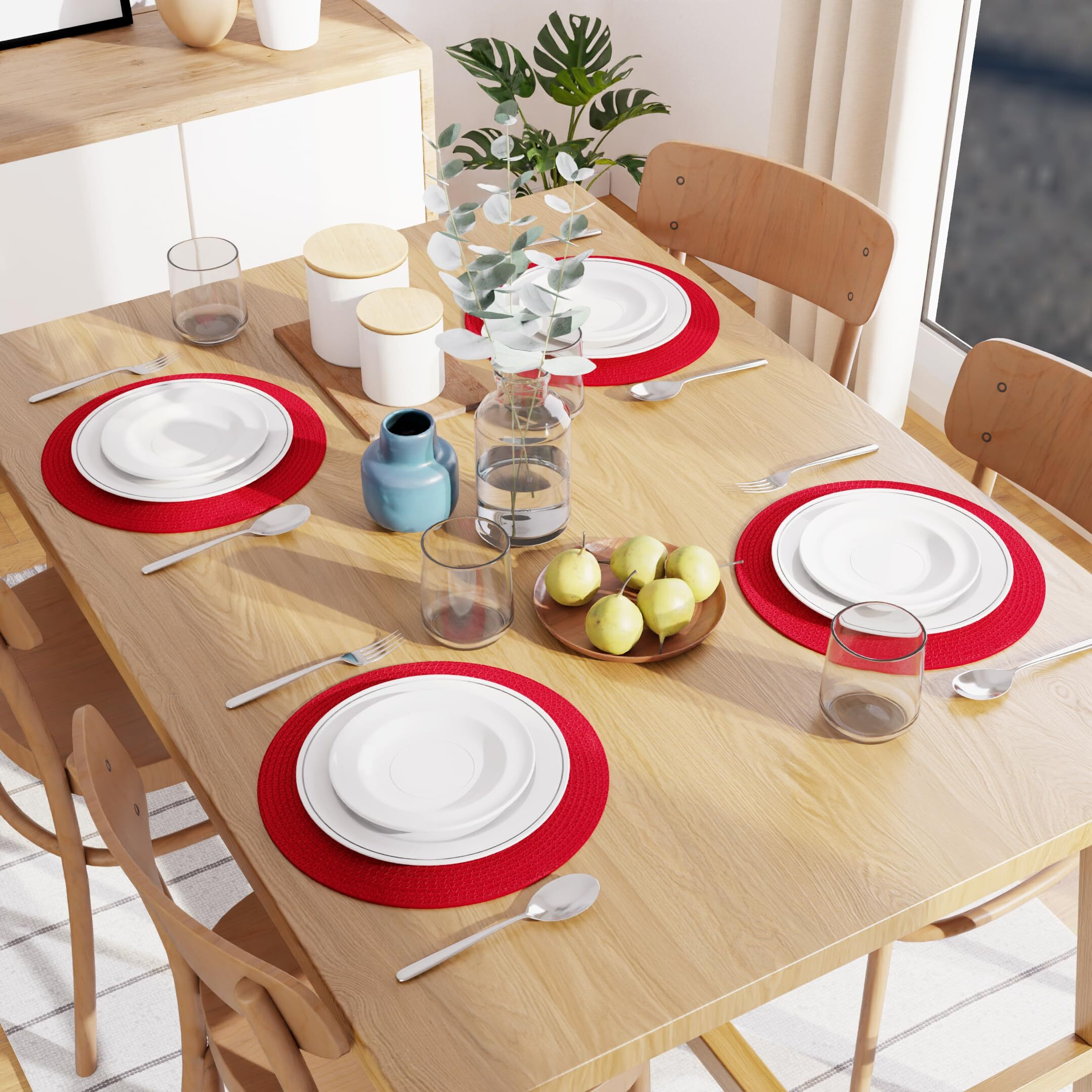 Encasa Xo Dining Table Mats Set Of 4 | Cotton Round Placemat - 33 Cm Diameter | Red | Handmade Rib Style