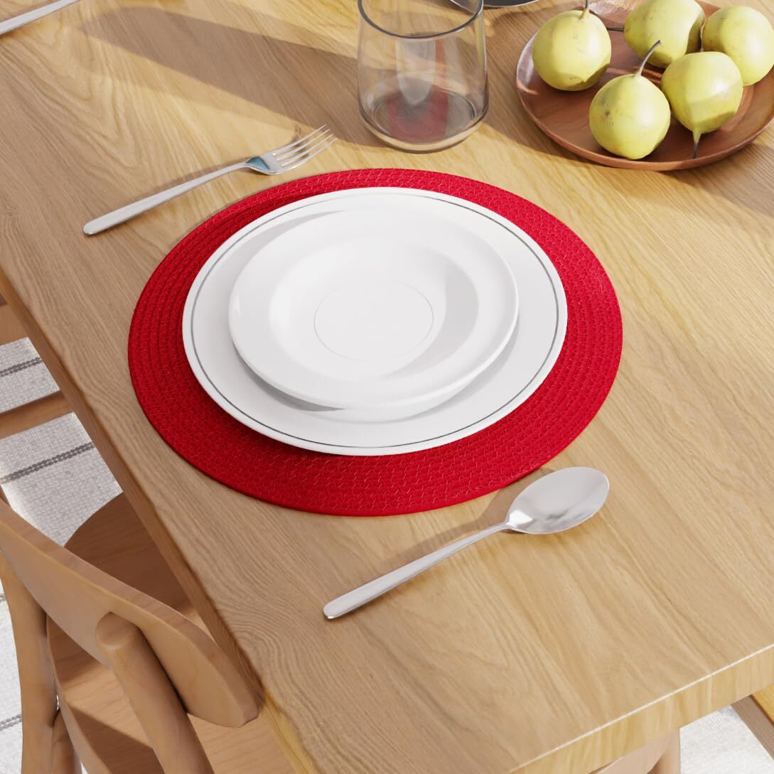 Encasa Xo Dining Table Mats Set Of 4 | Cotton Round Placemat - 33 Cm Diameter | Red | Handmade Rib Style