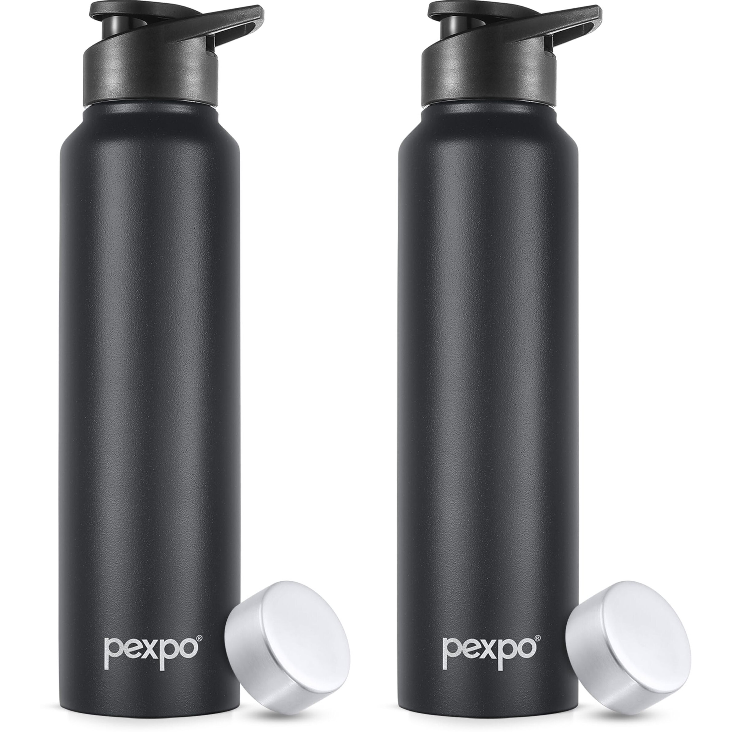 Pexpo Chromo Stainless Steel Sports/Fridge Water Bottle With Sipper & Steel Cap, 1 Litre, Knight Black Pack Of 2| Bpa Free | Water Bottle For Office, Gym, School, Yoga, Trekking, Adults & Kids