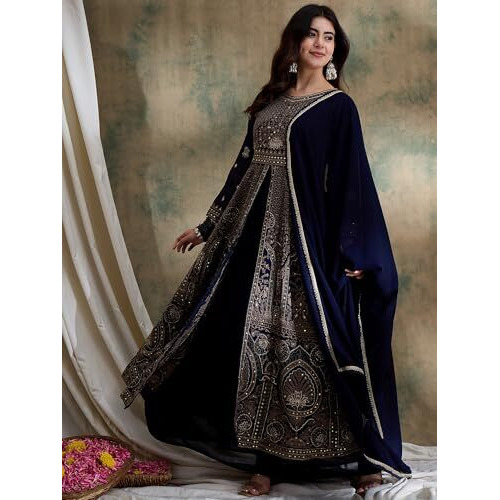 Miss Ethnik Women's Blue Chinon Stitched Top With Dupatta Full Sleeve Embroidered Anarkali Top (Mey-1184-Blue-Xl)