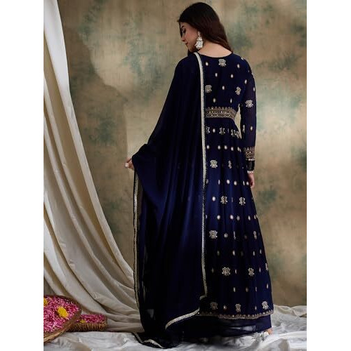Miss Ethnik Women's Blue Chinon Stitched Top With Dupatta Full Sleeve Embroidered Anarkali Top (Mey-1184-Blue-Xl)