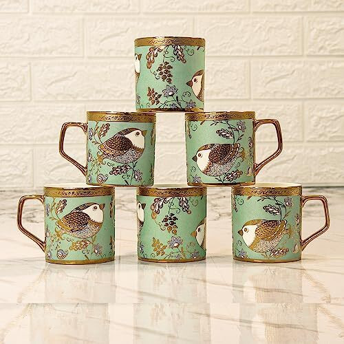 Femora Bone China Gold Tea Cup (Goldcrest Green), 180 Ml