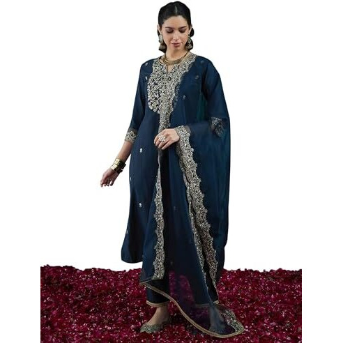 Indo Era Women's Viscose Embroidered Straight Kurta And Pant With Dupatta Set (Kh1Tl9582_X-Small), Turquoise
