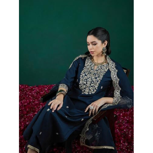 Indo Era Women's Viscose Embroidered Straight Kurta And Pant With Dupatta Set (Kh1Tl9582_X-Small), Turquoise