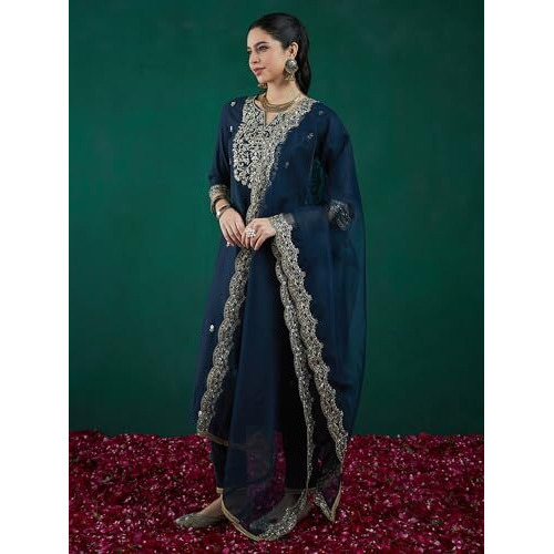Indo Era Women's Viscose Embroidered Straight Kurta And Pant With Dupatta Set (Kh1Tl9582_X-Small), Turquoise