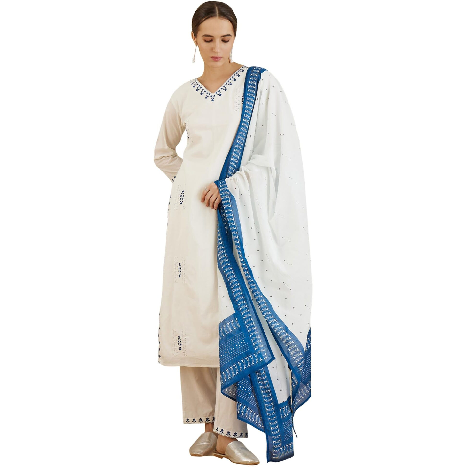 Indo Era Women's Embroidered Pure Cotton Calf Length Straight Kurta & Pant With Dupatta Set (Kh0Wh6159_Xx-Large)
