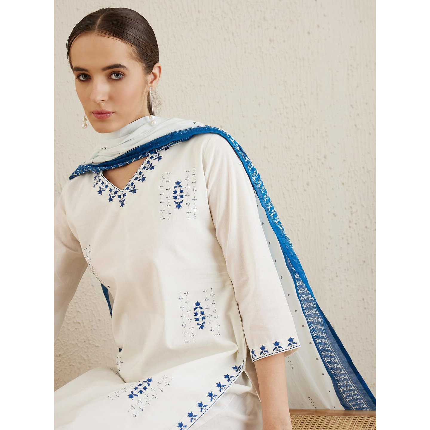 Indo Era Women's Embroidered Pure Cotton Calf Length Straight Kurta & Pant With Dupatta Set (Kh0Wh6159_Xx-Large)