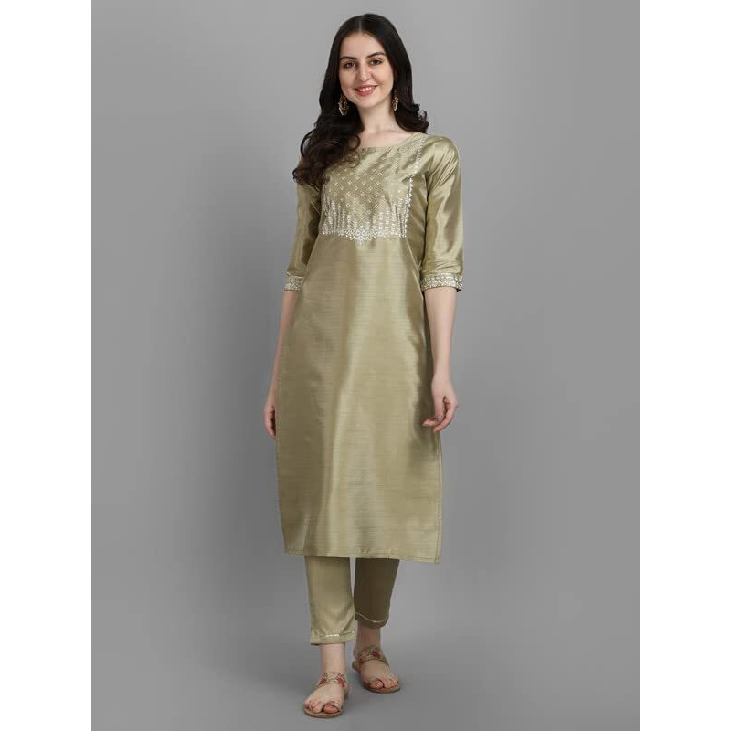 Vredevogel Women's Silk Blend Embroidered Straight Kurta Pant Set With Organza Dupatta (Pista_Large)