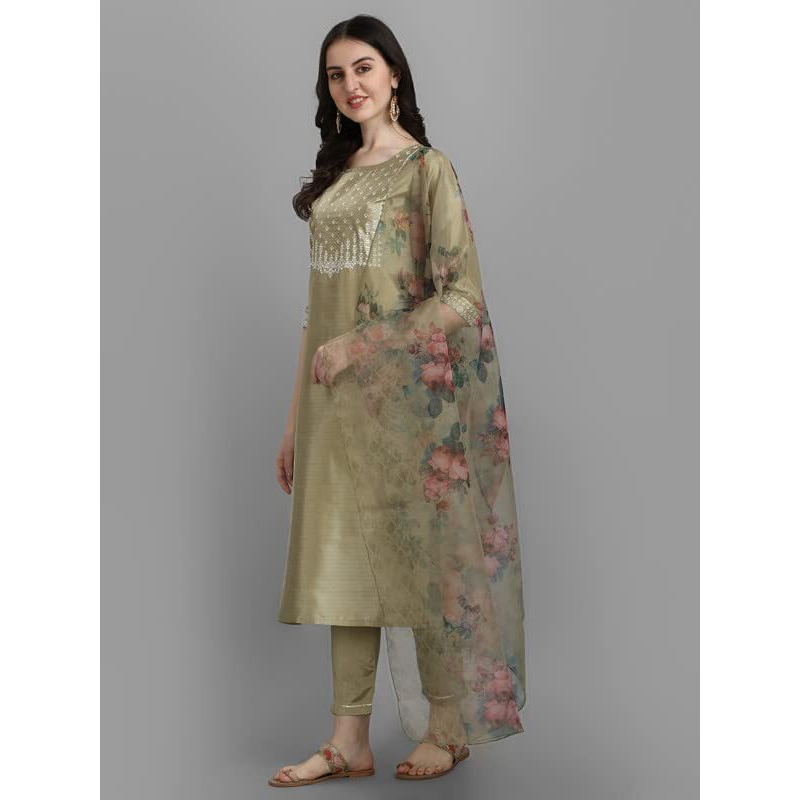 Vredevogel Women's Silk Blend Embroidered Straight Kurta Pant Set With Organza Dupatta (Pista_Medium)