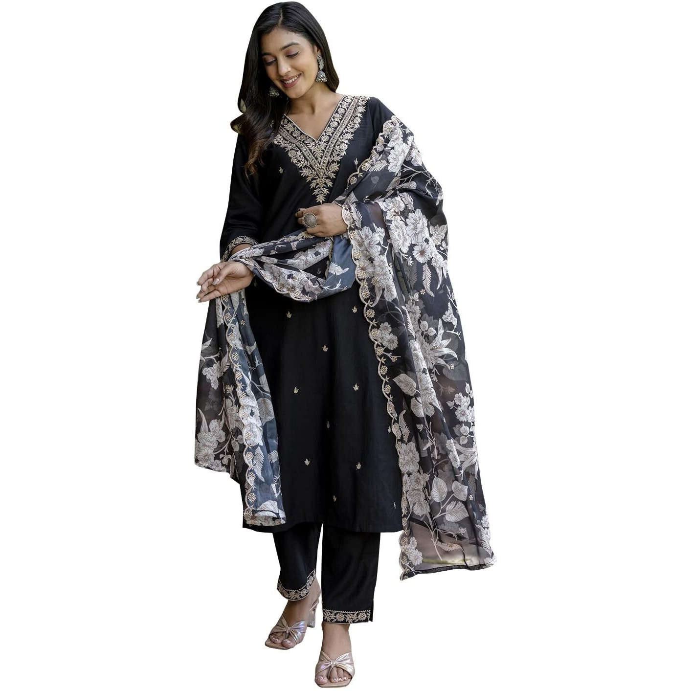 Vredevogel Kurta Set With Dupatta | Embroidered Viscose Rayon Kurta Pant Set For Women | Women's Ethnic Casual Kurti Set (Black_Medium)