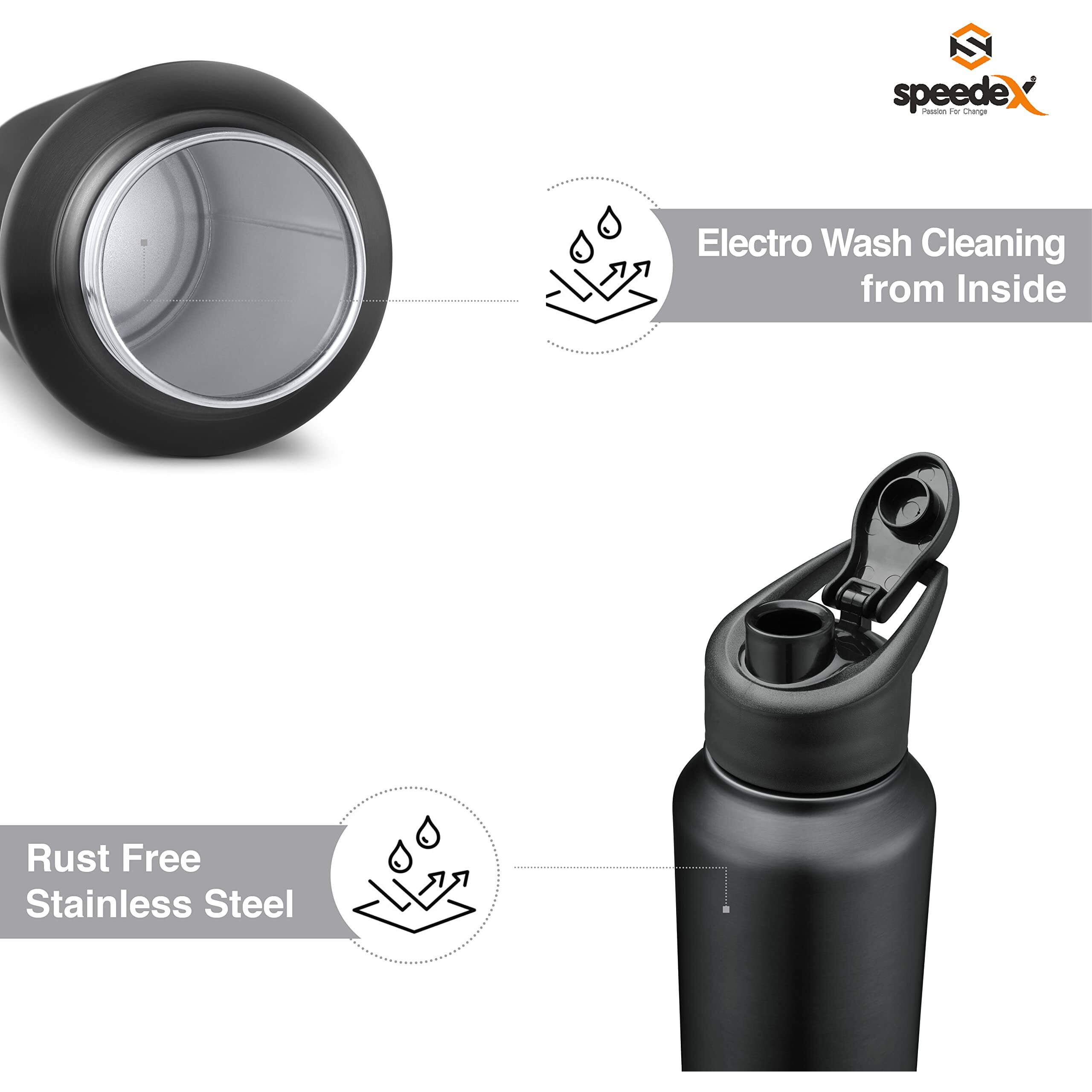 Speedex Stainless Steel Water Bottle 1 Ltr For Kids, Boys, Girls, 1 Litre Bottles For Gym, Sports, Fridge Use, School & Office - 1000Ml, Black Colour, Set Of 3, Sipper Cap