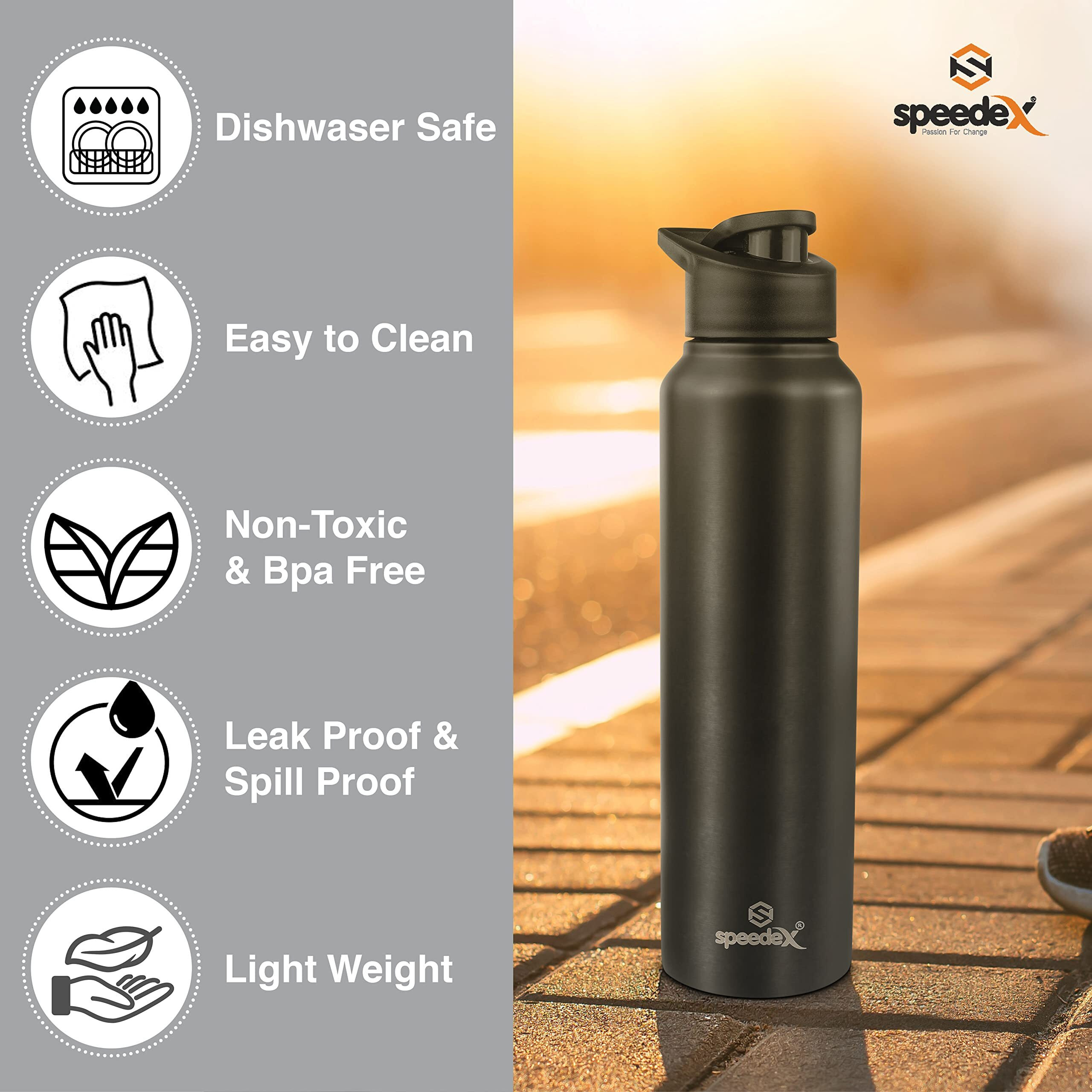 Speedex Stainless Steel Water Bottle 1 Ltr For Kids, Boys, Girls, 1 Litre Bottles For Gym, Sports, Fridge Use, School & Office - 1000Ml, Black Colour, Set Of 3, Sipper Cap