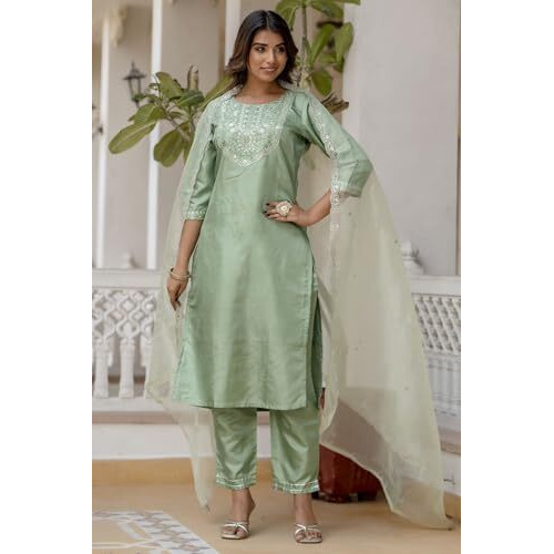 Vredevogel Women's Silk Blend Embroidered Kurta With Pant & Dupatta Set (Pista_Large)