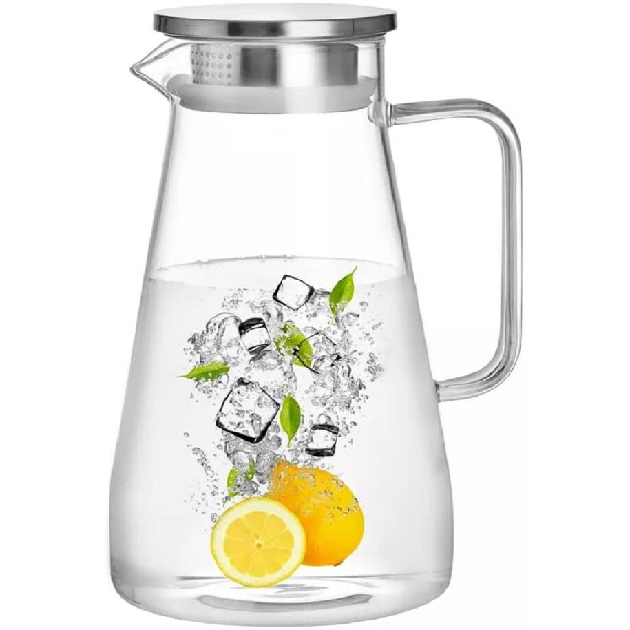 Tiener Borosilicate Glass 1.8 Ltr Water Jug With Handle, Juice Beverage Carafe With Stainless Steel Lid, Big Glass Iced Tea Pitcher, 1 Pcs Set (Borosilicate 1.8 Liter Botom Square)