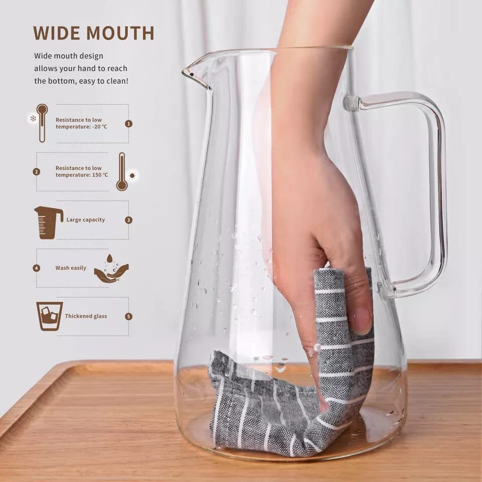 Tiener Borosilicate Glass 1.8 Ltr Water Jug With Handle, Juice Beverage Carafe With Stainless Steel Lid, Big Glass Iced Tea Pitcher, 1 Pcs Set (Borosilicate 1.8 Liter Botom Square)