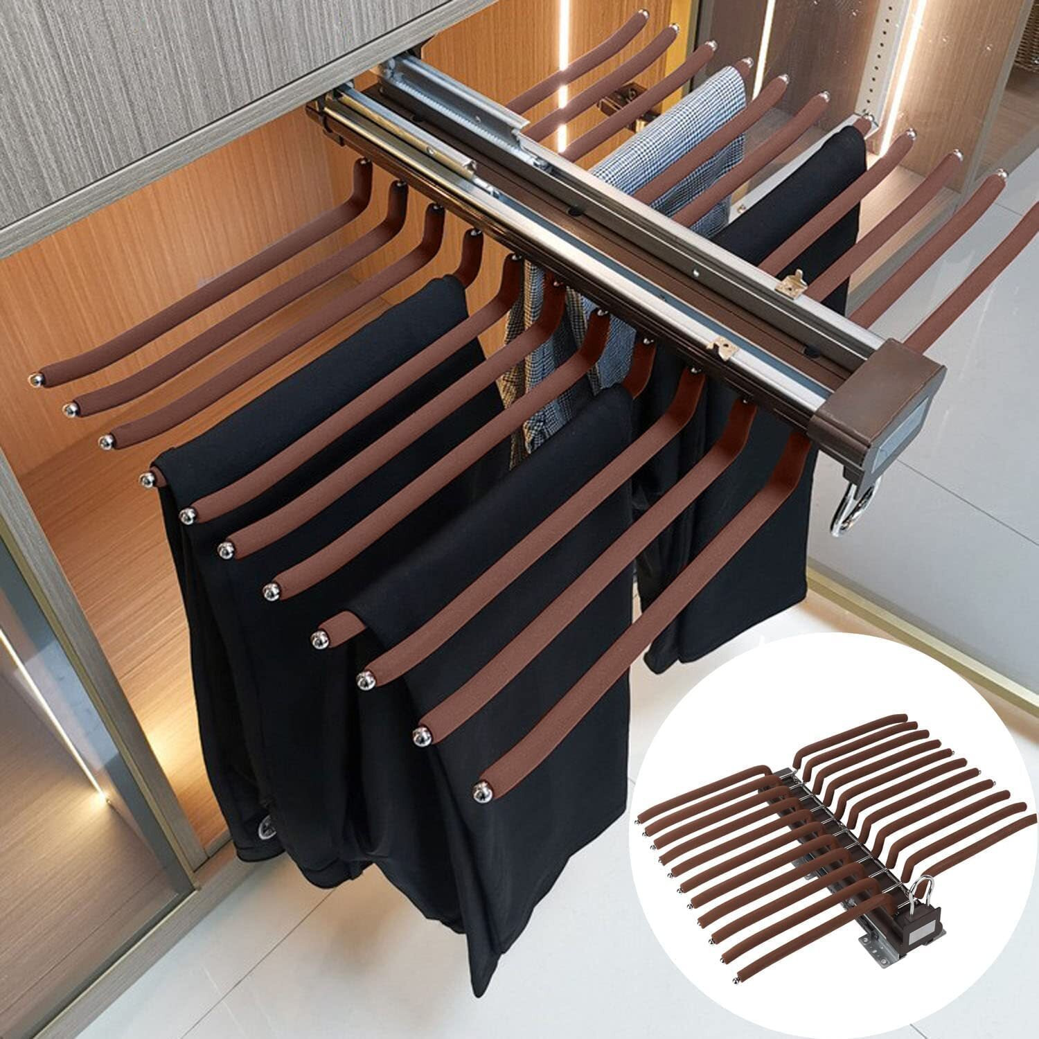 Volo Soft Close Pull Out Pants Rack - 20 Arms Steel Pull Out Pants Hangers Jeans Hangers For Closet - Clothing Closet Storage Bar Pants Slide Out Rack Trousers Rack For Closet, Coffee | Alloy Steel
