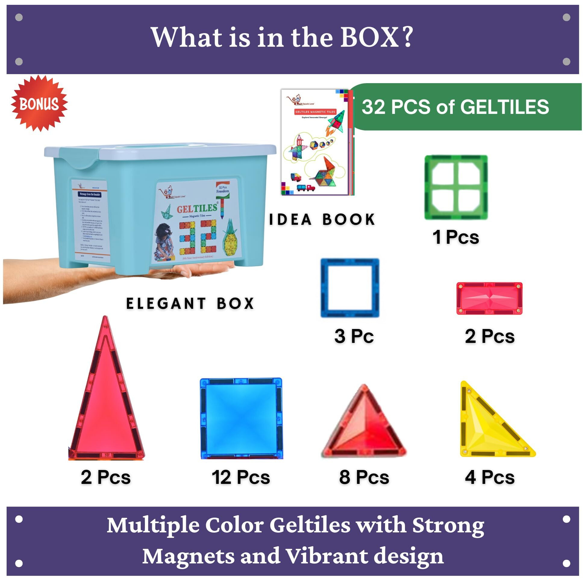 Geltiles Freedom- 32 Pcs Of Magnetic Tiles Building Blocks Toys With Storage Box Constructing And Creative Learning Educational Next Generation Multicolor Stem Toy For Kids Age 3+ (32 Pcs Set)