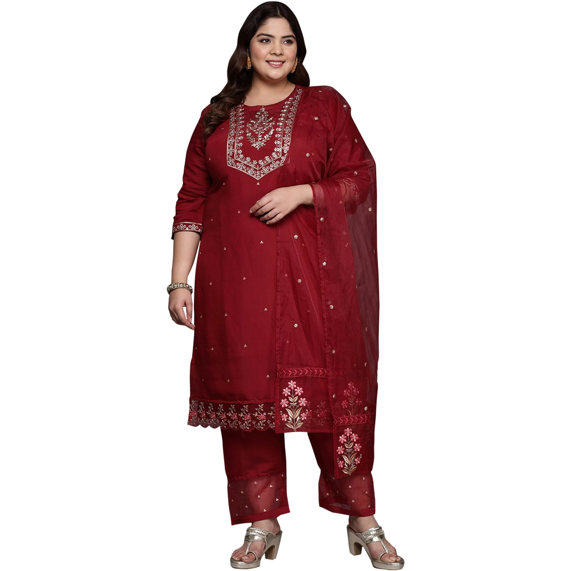 Indo Era Women's Maroon Silk Blend Embroidered Scalloped Kurta Pant With Dupatta Set (Ps9Kh7113_Xxx-Large)