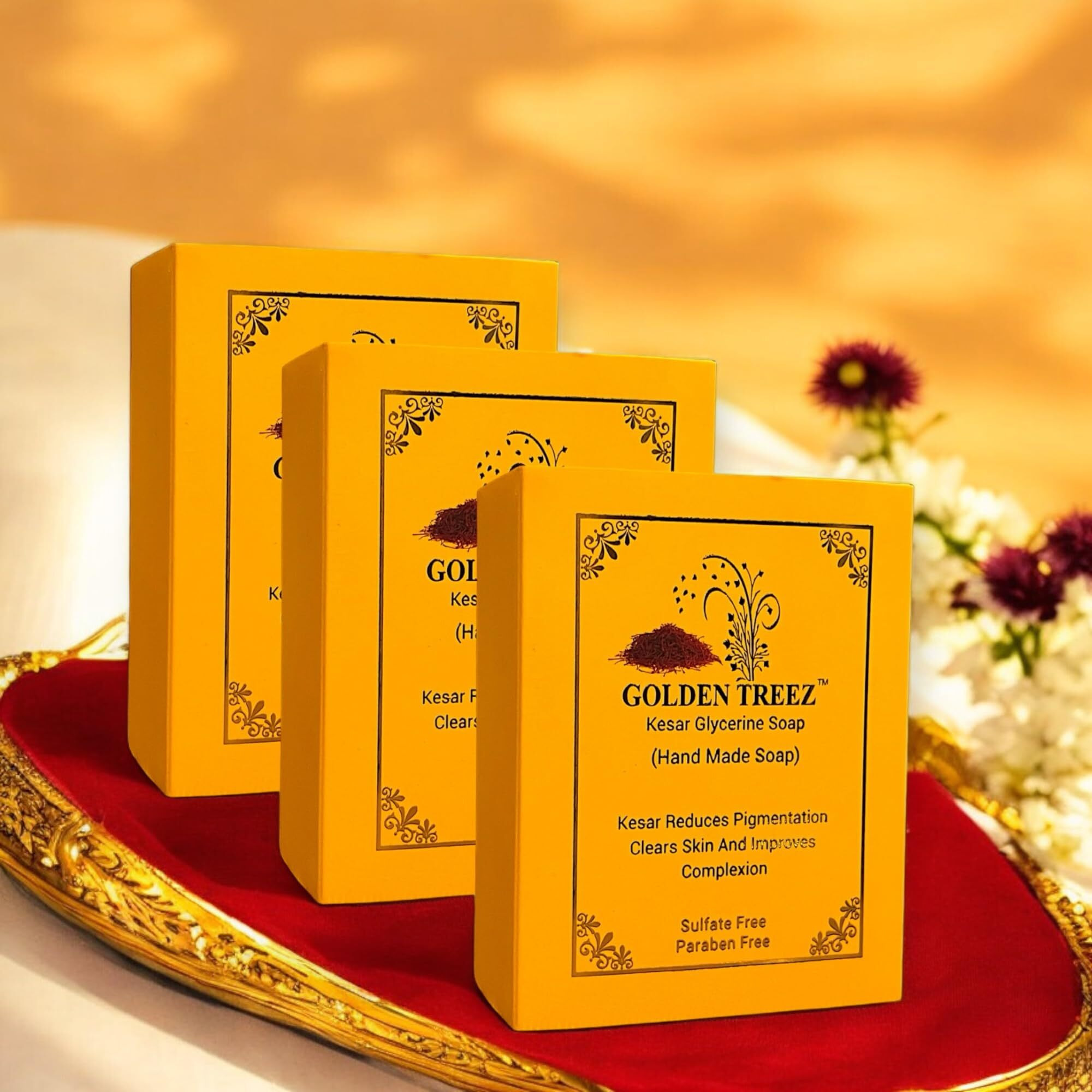 Golden Treez Saffron Handmade Bath Soap For Tan Removal, Acne (Pimples) Natural, Bathing Kesar Soap For Men And Women-115 Gm (Pack Of 3)