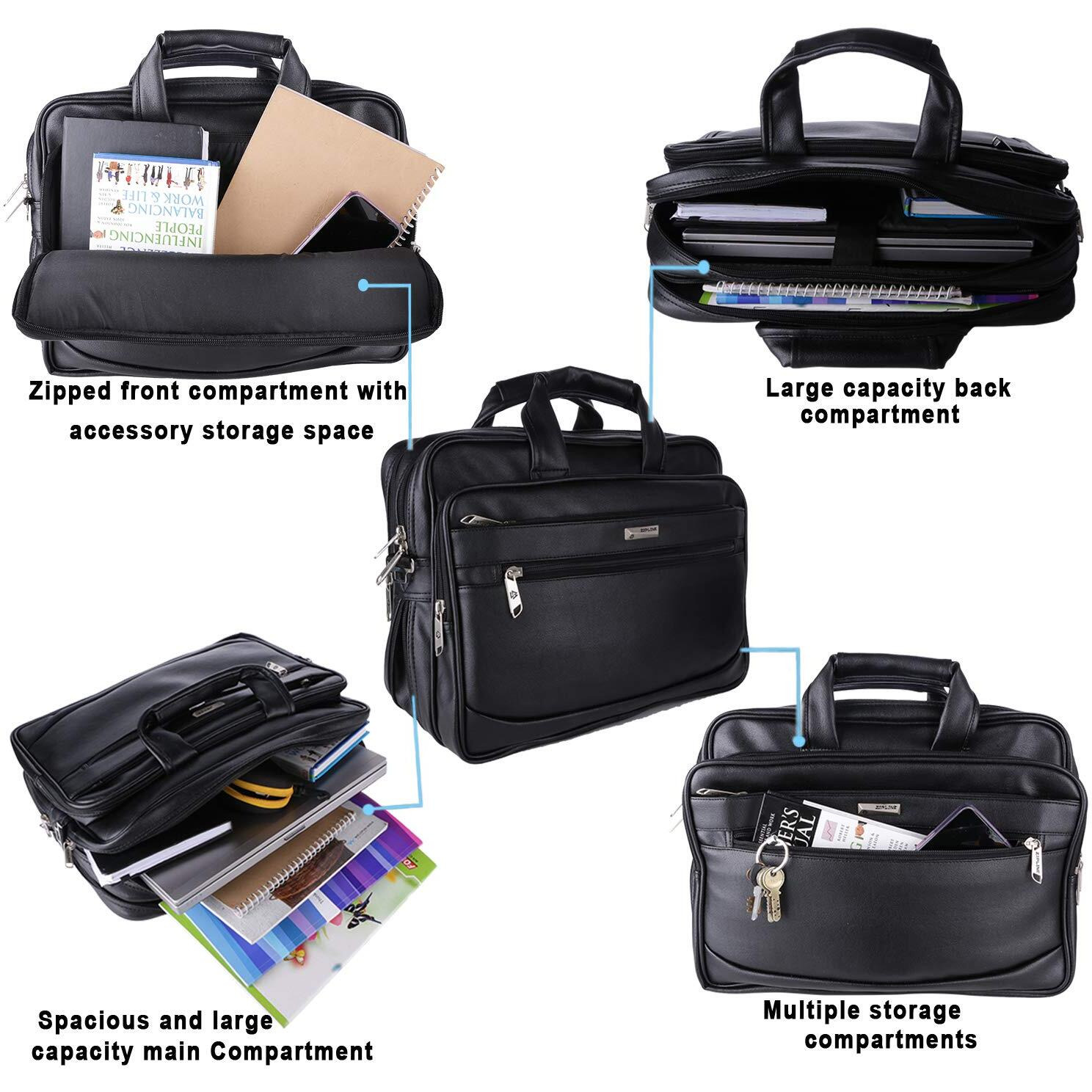 Zipline Office Synthetic Leather Laptop Bag For Men Women, 15.6" Compatible Laptop Messenger Bags For Men & Women (1-Black Bag)