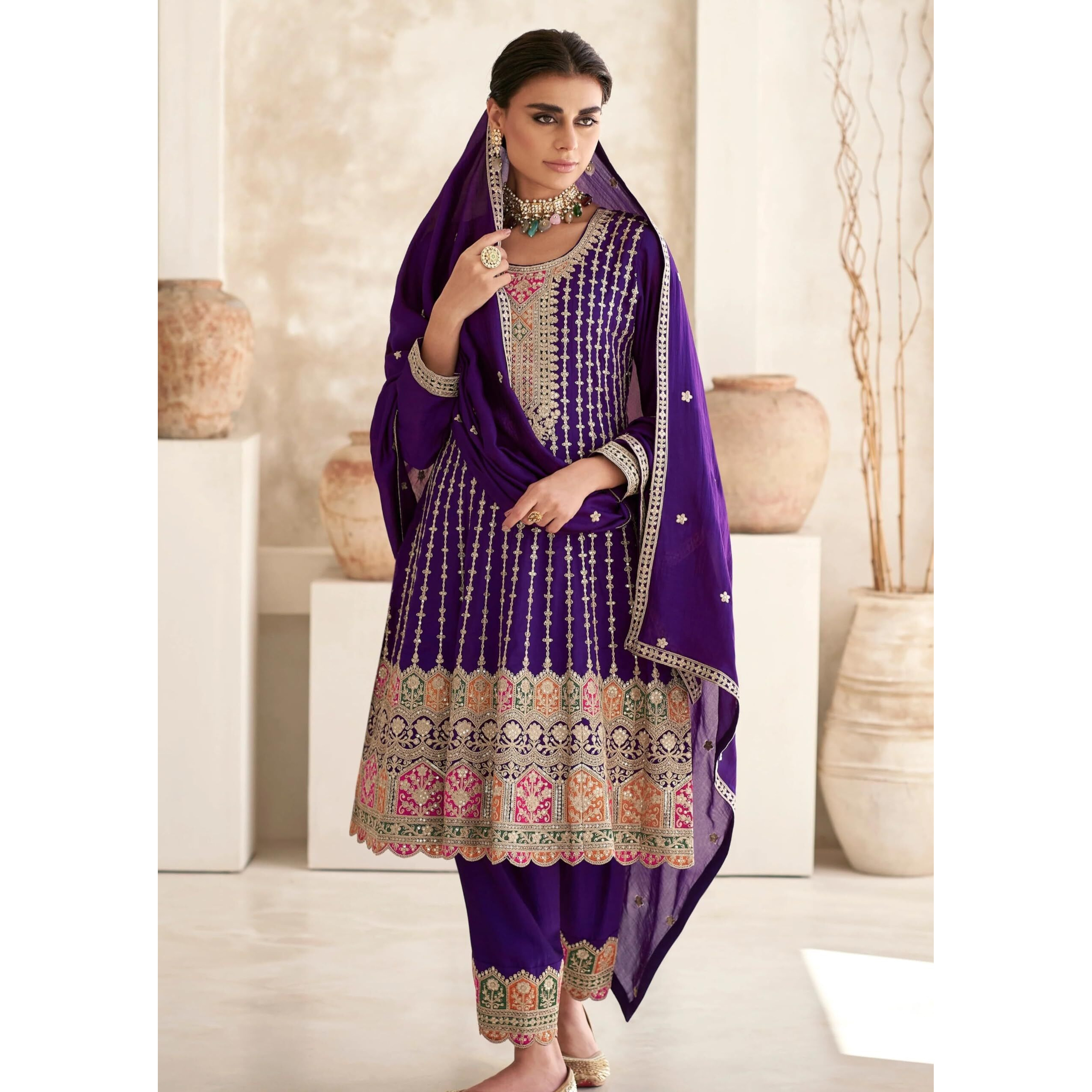 Miss Ethnik Chiffon Women's Purple Color Chinon Readymade Embroidered Designer Kurta Palazzo Set With Embroidered Dupatta (Me-1139-Purple-Large)