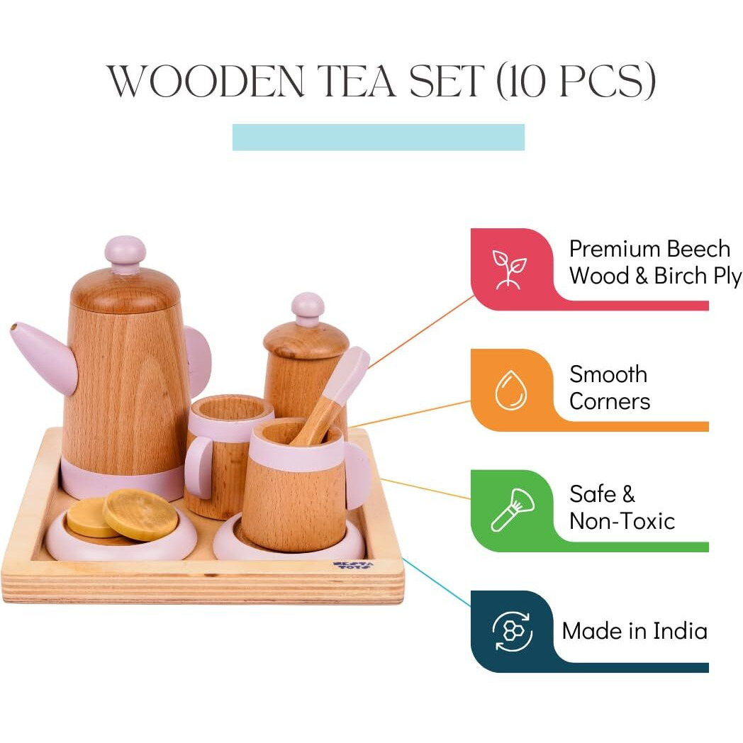 Nesta Toys - Wooden Tea Set | Pretend Play Food Sets | Kitchen Toys (3+ Years) - 10 Pcs