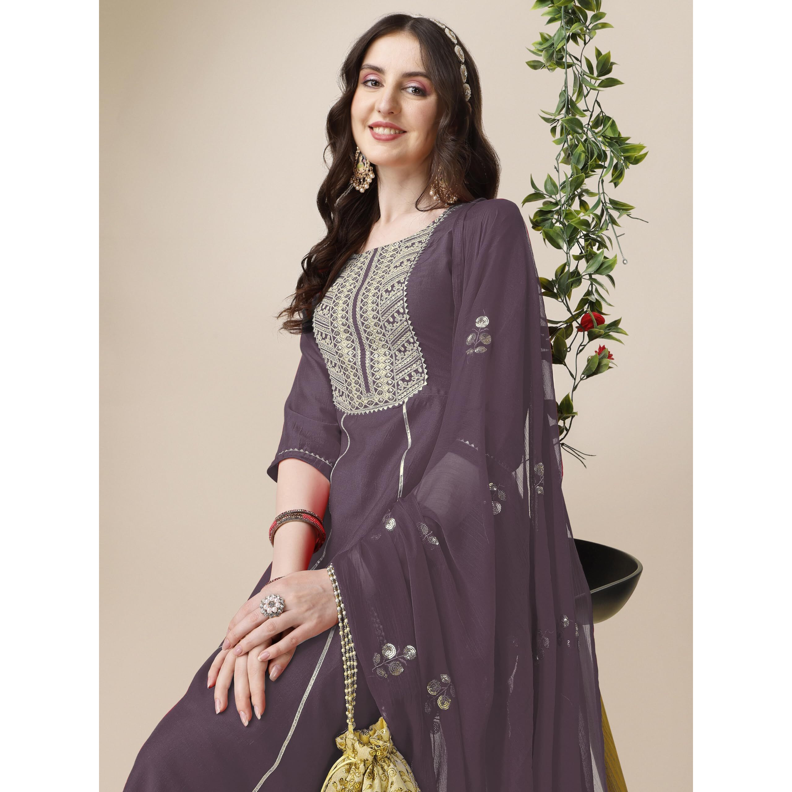 Ethnicjunction Women's Cotton Silk Eid Special Embroidered Kurta Palazzo And Dupatta Set | Eid Outfits For Women Lavendar