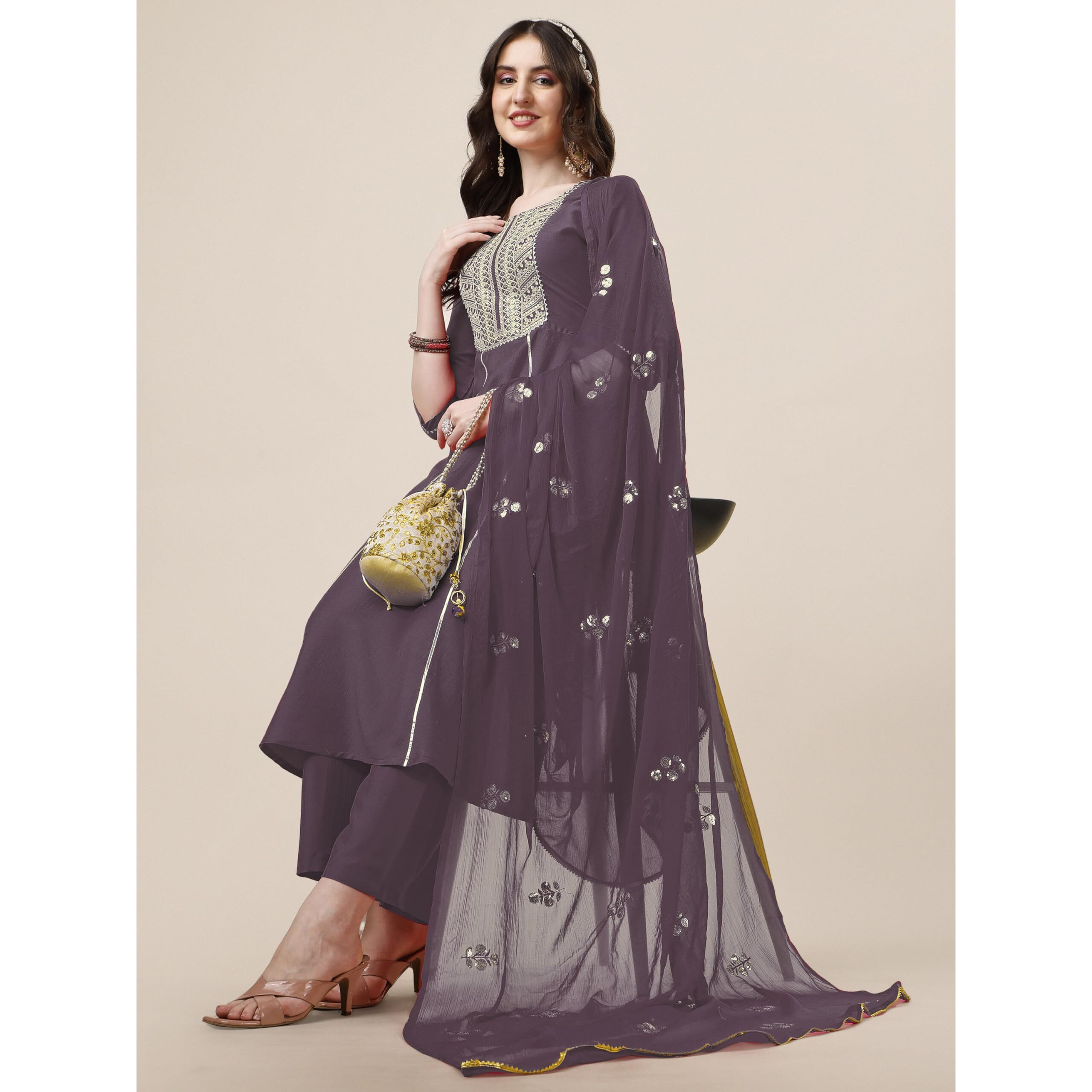 Ethnicjunction Women's Cotton Silk Eid Special Embroidered Kurta Palazzo And Dupatta Set | Eid Outfits For Women Lavendar