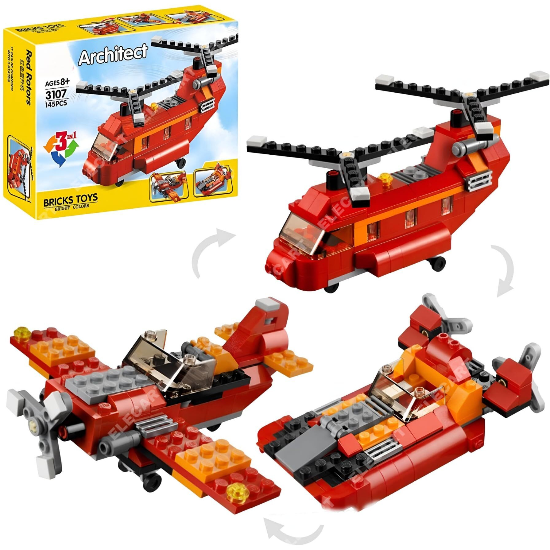 Elecart Red Rotors 3 In 1 Architect Brick Toys 145+ Pieces Age 6+ Building Block Toy Set Educational Diy Toys For Kids (Airplane Rotor)