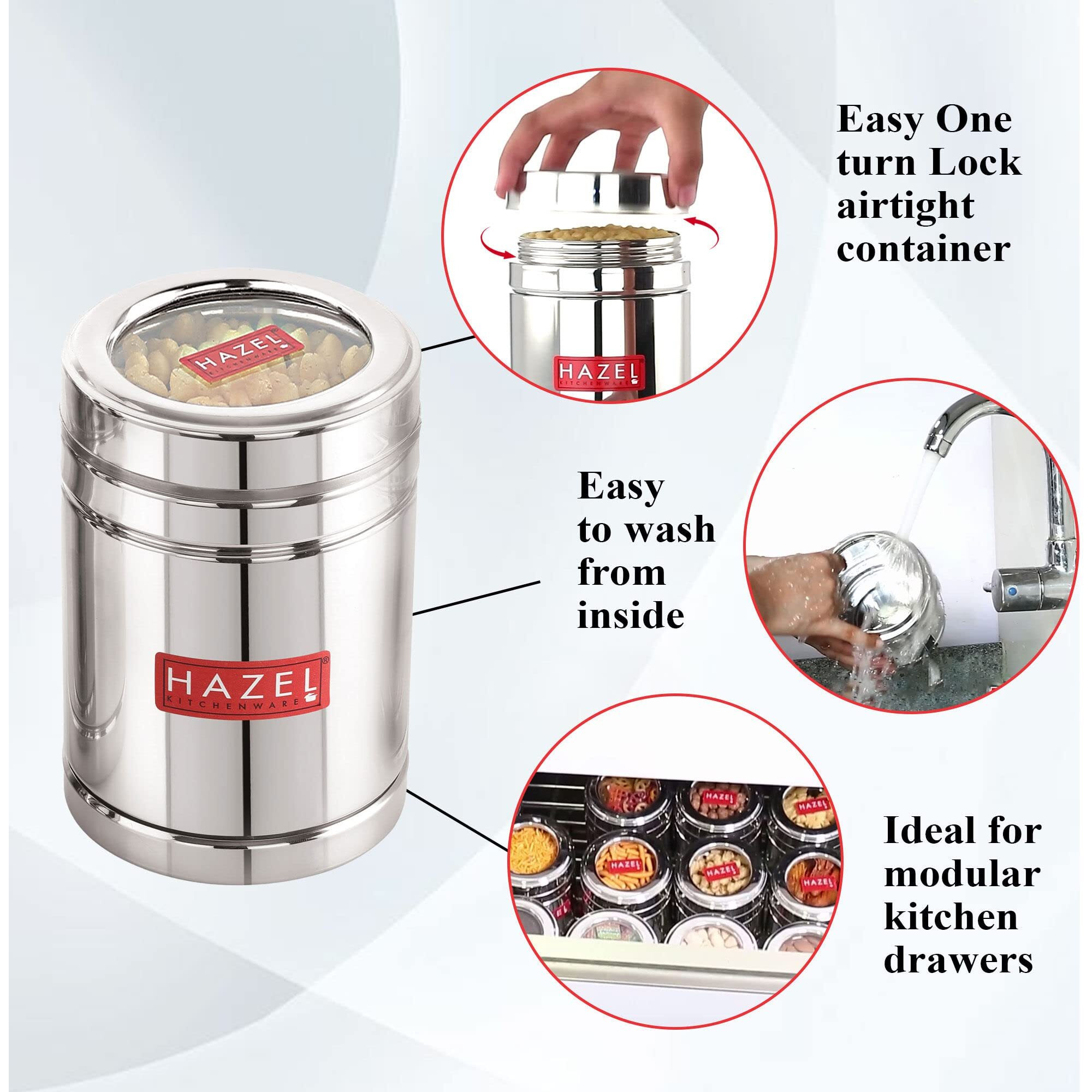 Hazel Steel Tea Container With Transparent Lid | Transparent Lid Tea Powder Storage Box For Kitchen |Food Grade Steel Kitchen Container, Set Of 12, 1000 Ml