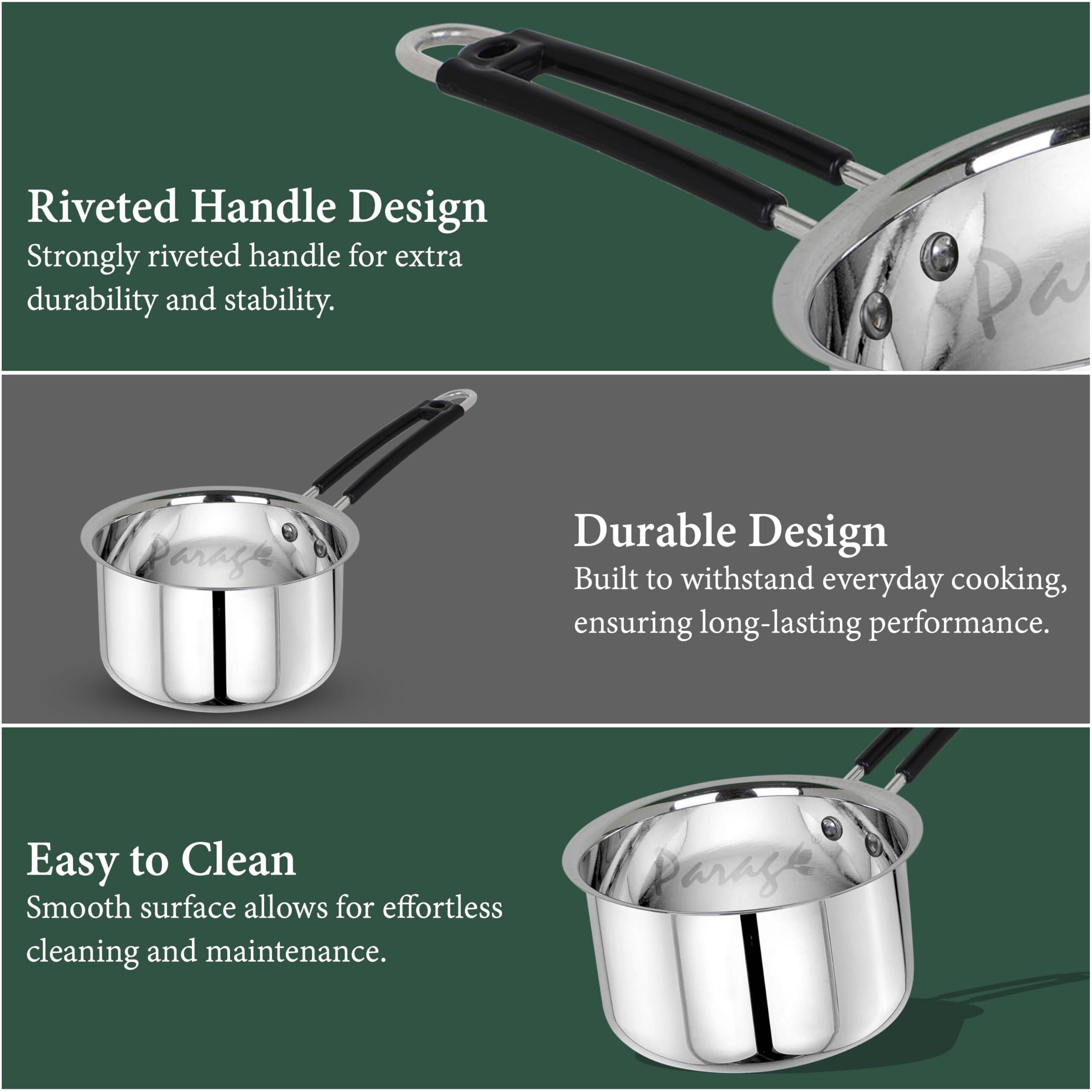 Parage 2 Pieces Stainless Steel Sauce Pan, Tea Pan, Milk Pan Heavy Guage With Heat-Resistant Wire Handle Induction & Gas Stove Friendly (1 Ltr & 1.75 Ltr, Silver)
