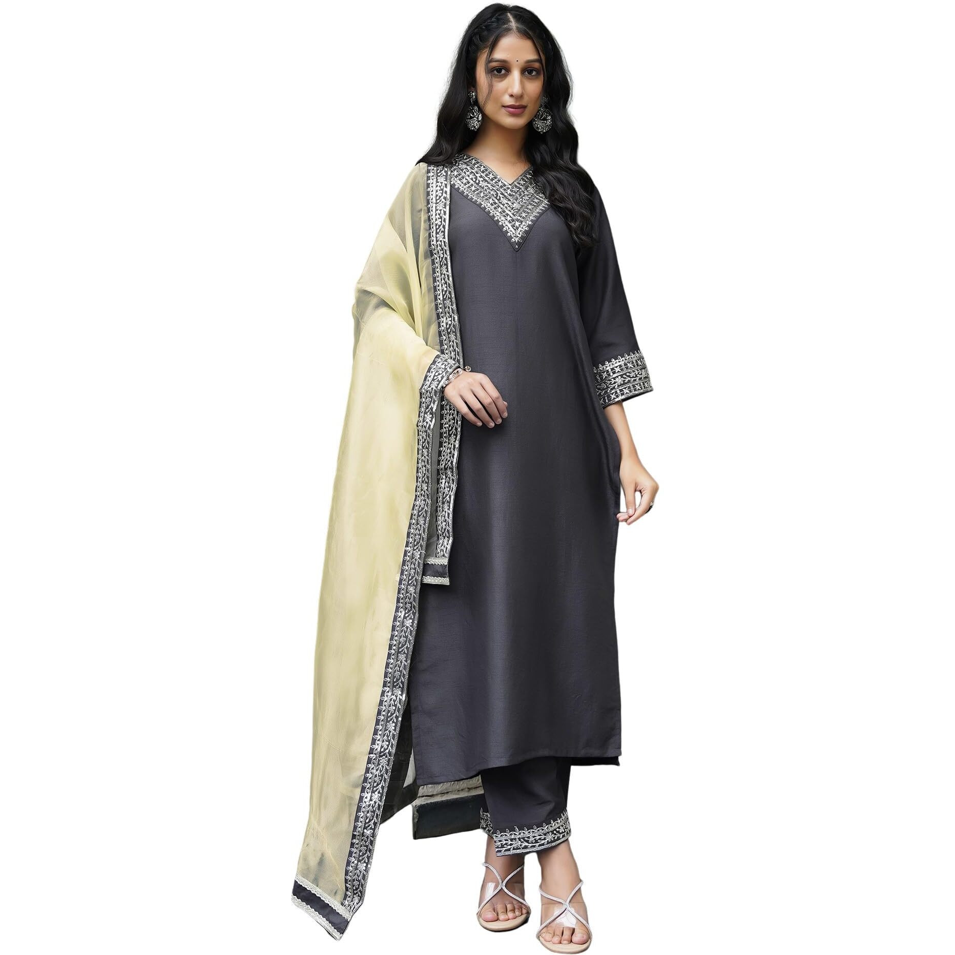 Siril Women's Silk Embroidered Regular Fit Straight Kurta Pant With Dupatta Set (104Kbd1139-L_Grey), Large