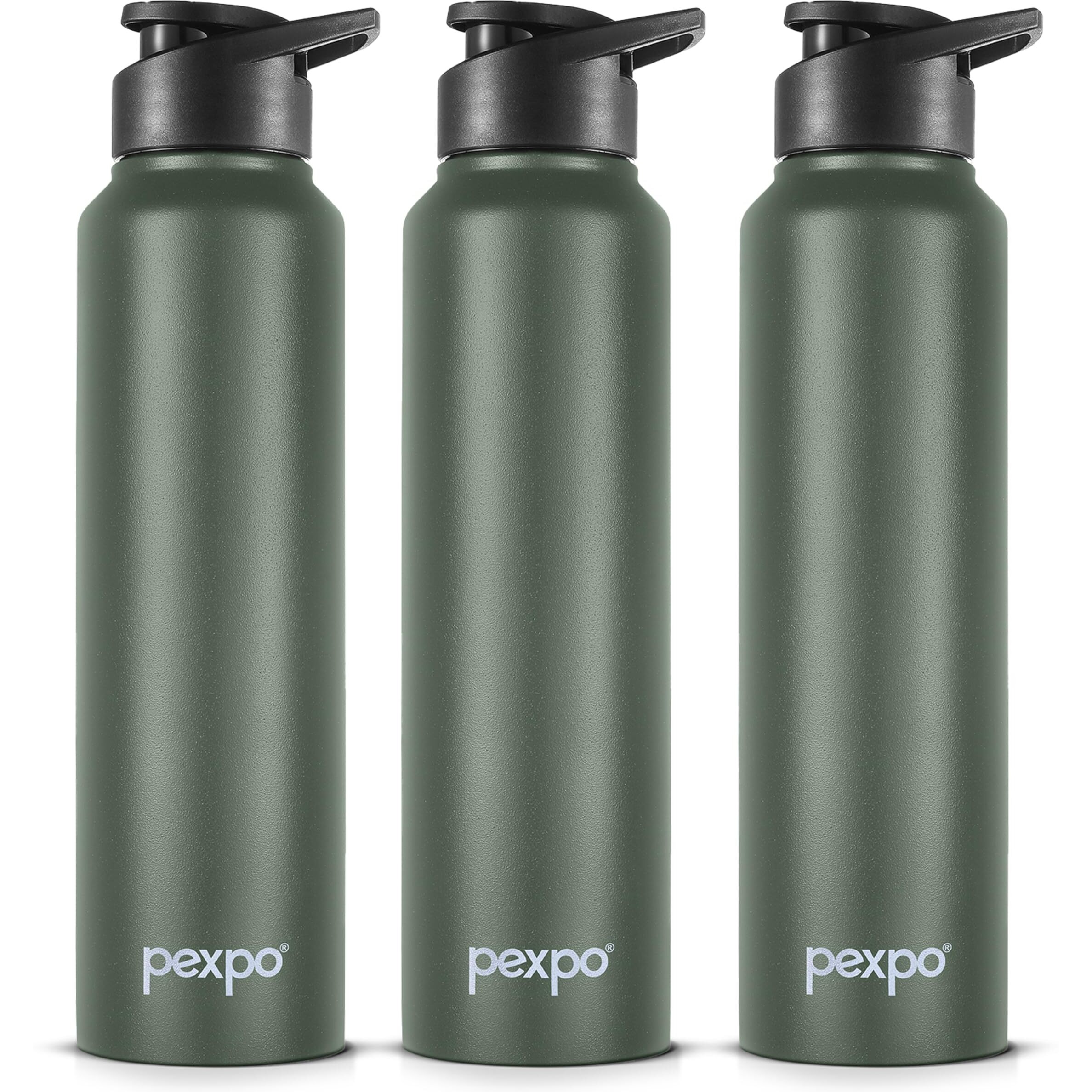 Pexpo Chromo Stainless Steel Sports/Fridge Sipper Water Bottle 750Ml, Military Green Pack Of 3 | Eco Friendly | Bpa Free | Water Bottle For Office, Gym, School, Yoga, Trekking, Men, Women And Kids