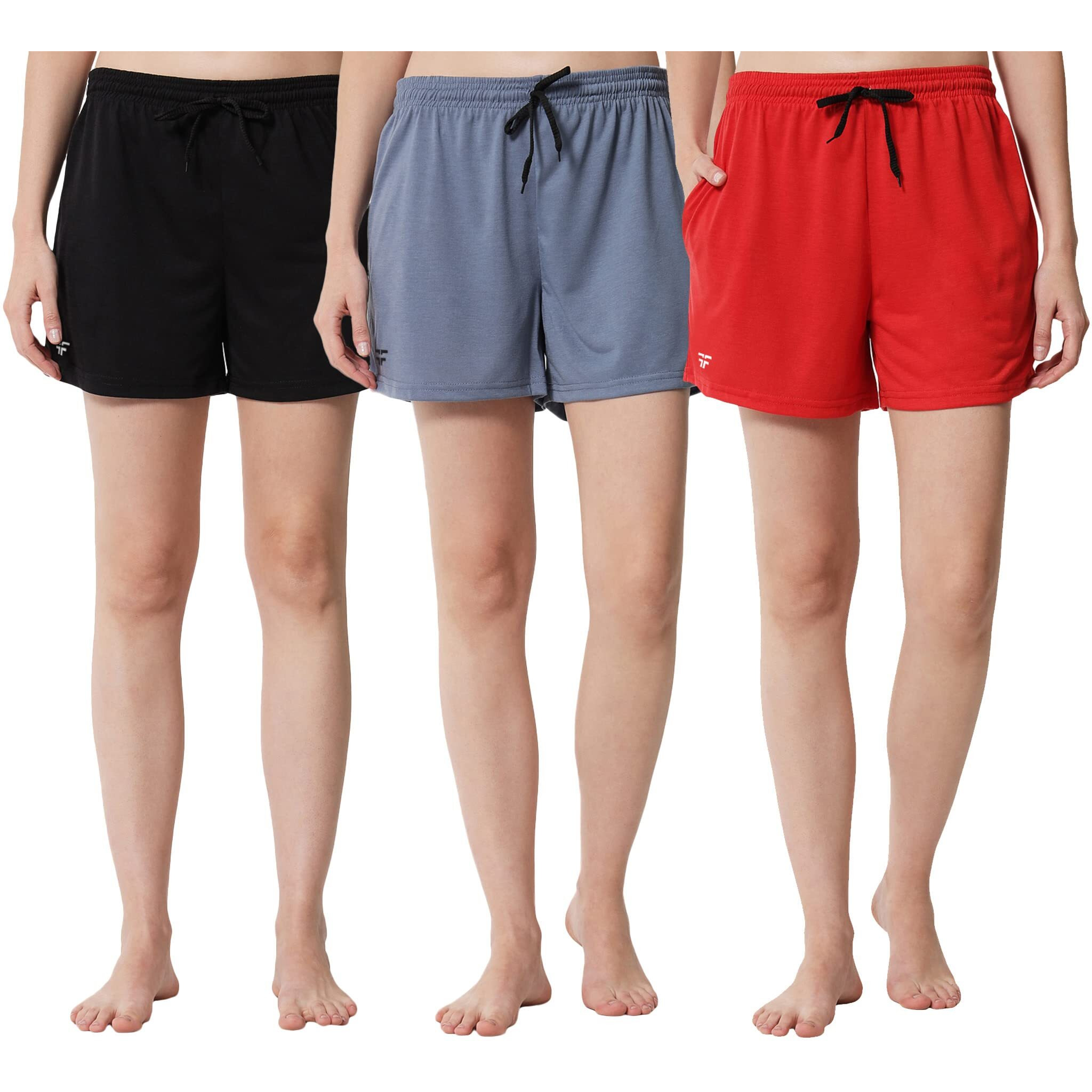 Fflirtygo Women's Shorts | Shorts For Women Short Pant For Women | Black, Bluish Grey & Red Shorts | Women Shorts Night Wear | Sports Shorts For Woman Combo (Pack Of 3)