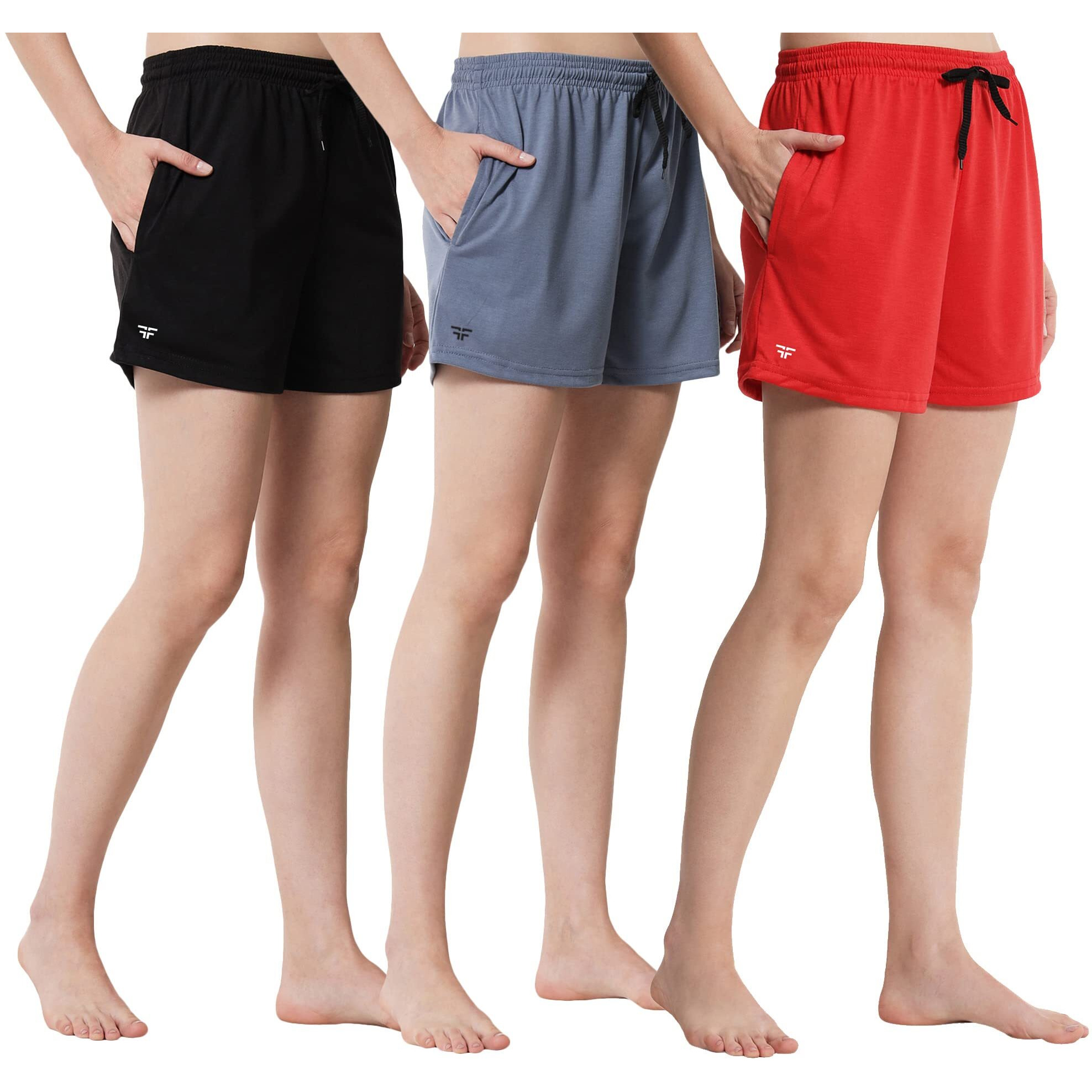 Fflirtygo Women's Shorts | Shorts For Women Short Pant For Women | Black, Bluish Grey & Red Shorts | Women Shorts Night Wear | Sports Shorts For Woman Combo (Pack Of 3)