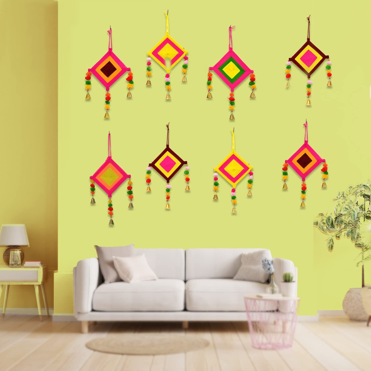 Craftvatika Kites Wall Pom Pom Hanging With Bells Strings Decoration For Home, Office, Door, Window, Haldi, Mehndi, Festival Decoration Items, Multicolor (8 Pc's)