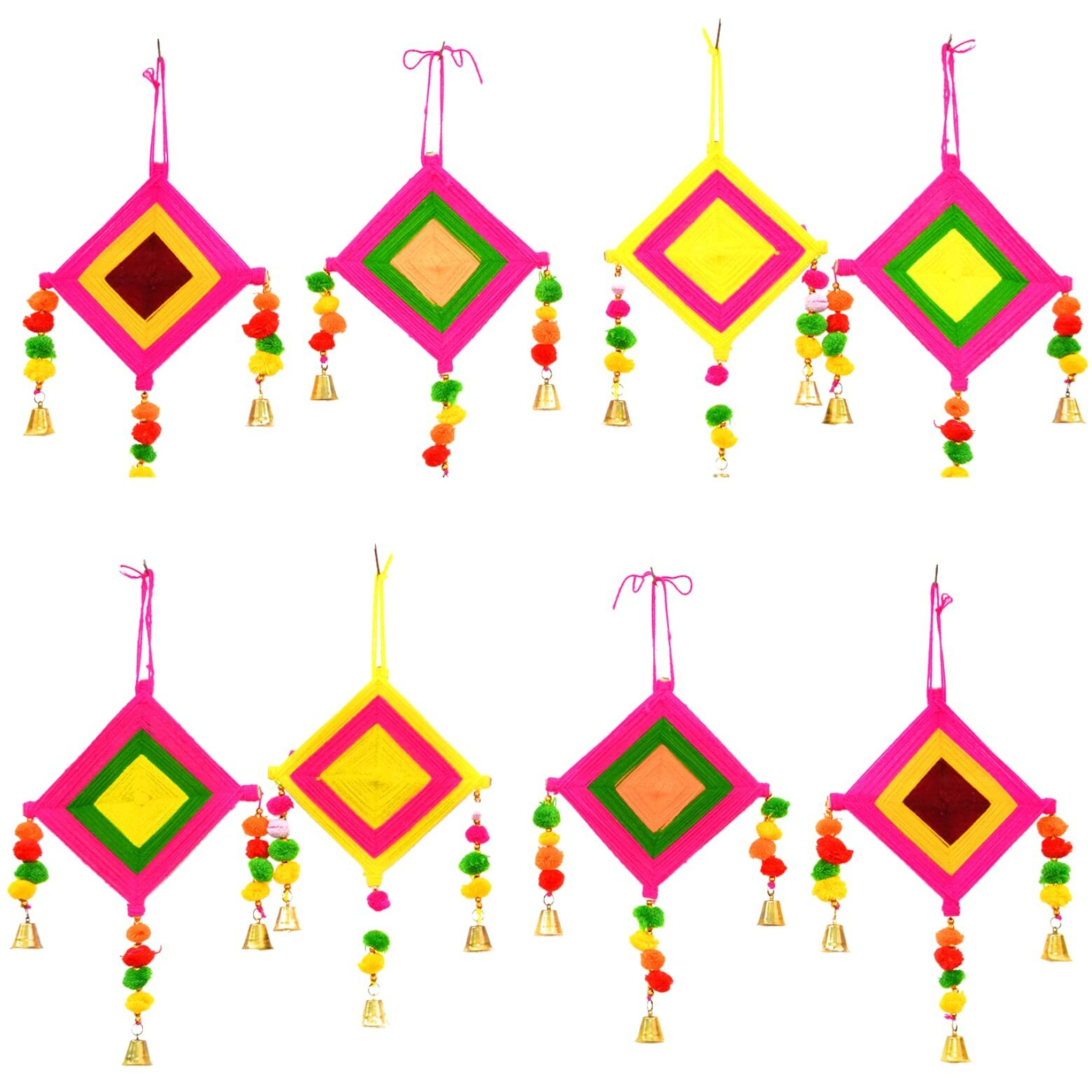Craftvatika Kites Wall Pom Pom Hanging With Bells Strings Decoration For Home, Office, Door, Window, Haldi, Mehndi, Festival Decoration Items, Multicolor (8 Pc's)