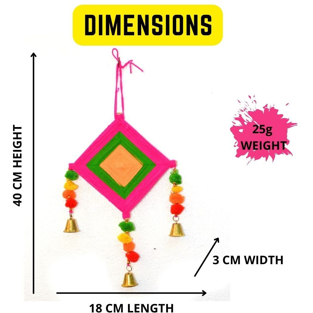 Craftvatika Kites Wall Pom Pom Hanging With Bells Strings Decoration For Home, Office, Door, Window, Haldi, Mehndi, Festival Decoration Items, Multicolor (8 Pc's)