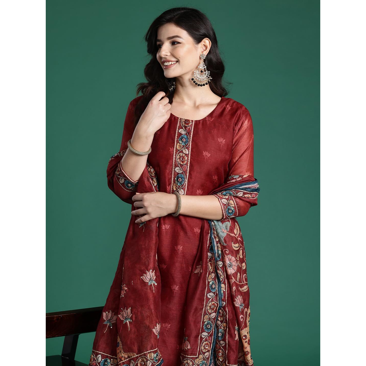 Indo Era Women's Chanderi Silk Embroidered Straight Kurta & Pant With Dupatta Set (Kh9Mr6818_Xx-Large)